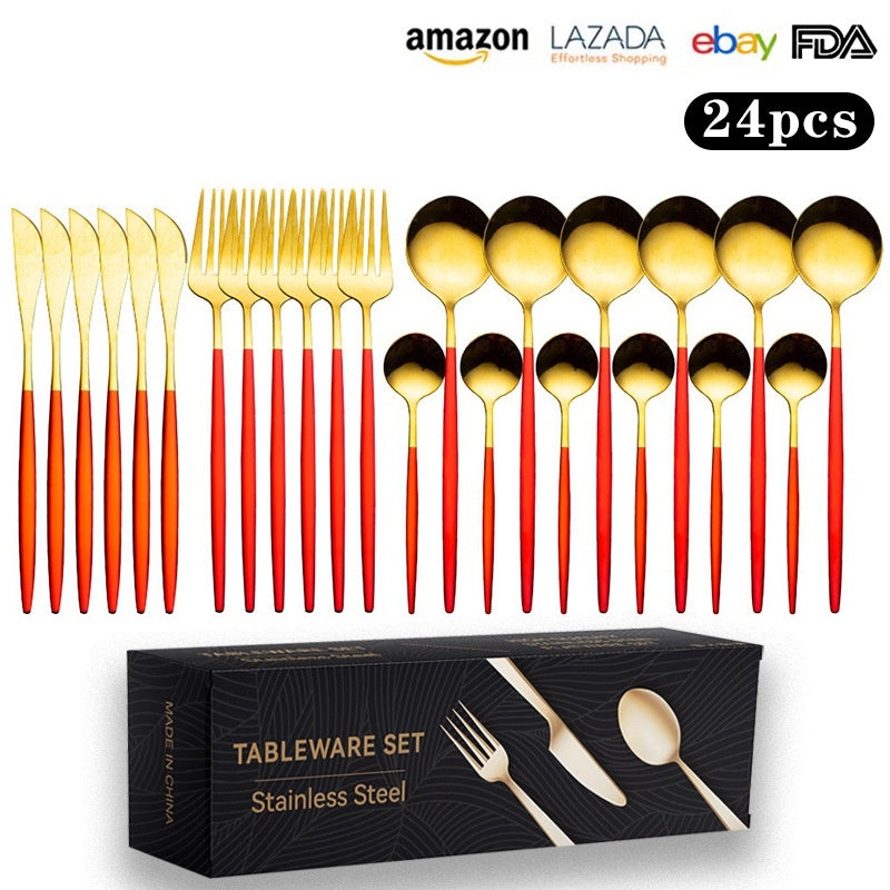 Cutlery Set Stainless Steel Knife Fork Set 24-Piece Tableware Set Golden Steak Knife Fork Spoon 6-Person Set - Korvel