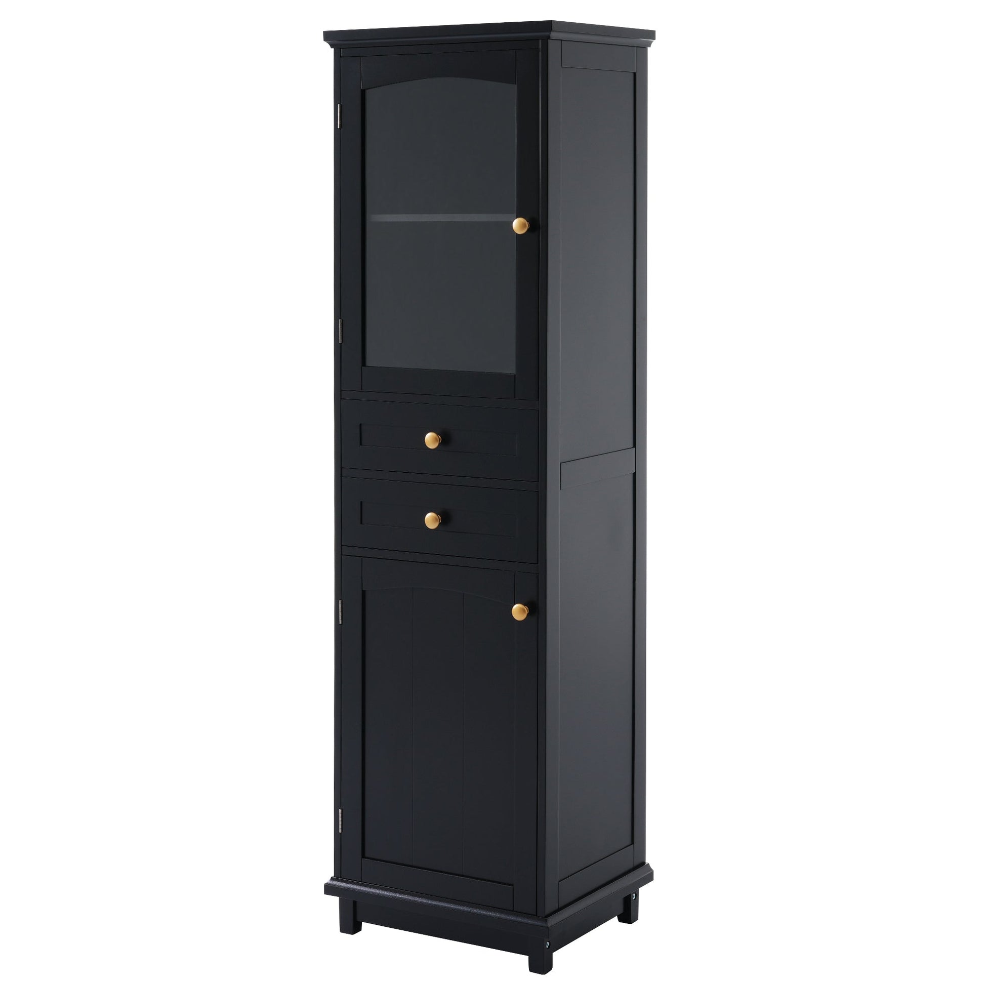 Tall Bathroom Storage Cabinet with Glass Doors, Free-Standing, Two Drawers, and Adjustable Shelves, MDF Board, Painted Black - Korvel