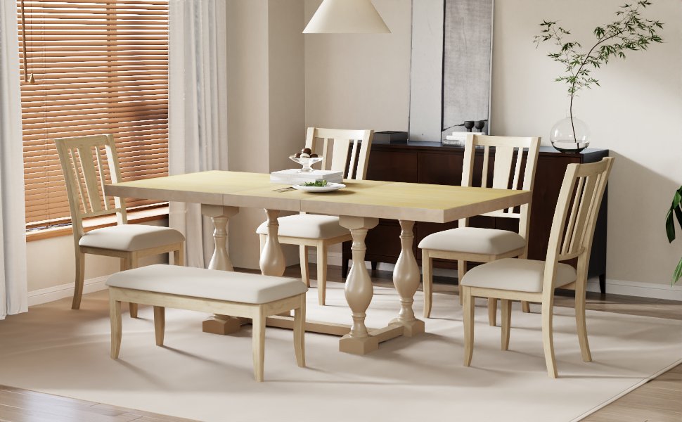 Traditional 6-Piece 78inch Trestle Extendable Dining Table Set with One 18inch Removable Leaf Padded Dining Chairs Bench,Natural - Korvel