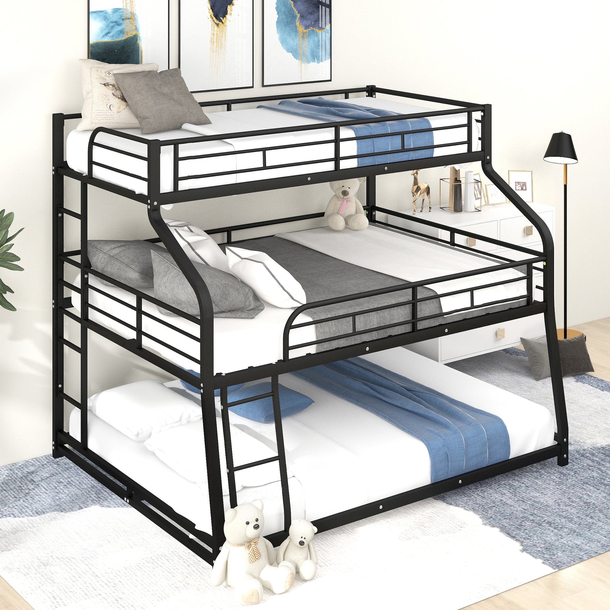 Twin XL/Full XL/Queen Triple Bunk Bed with Long and Short Ladder and Full-Length Guardrails Black - Korvel
