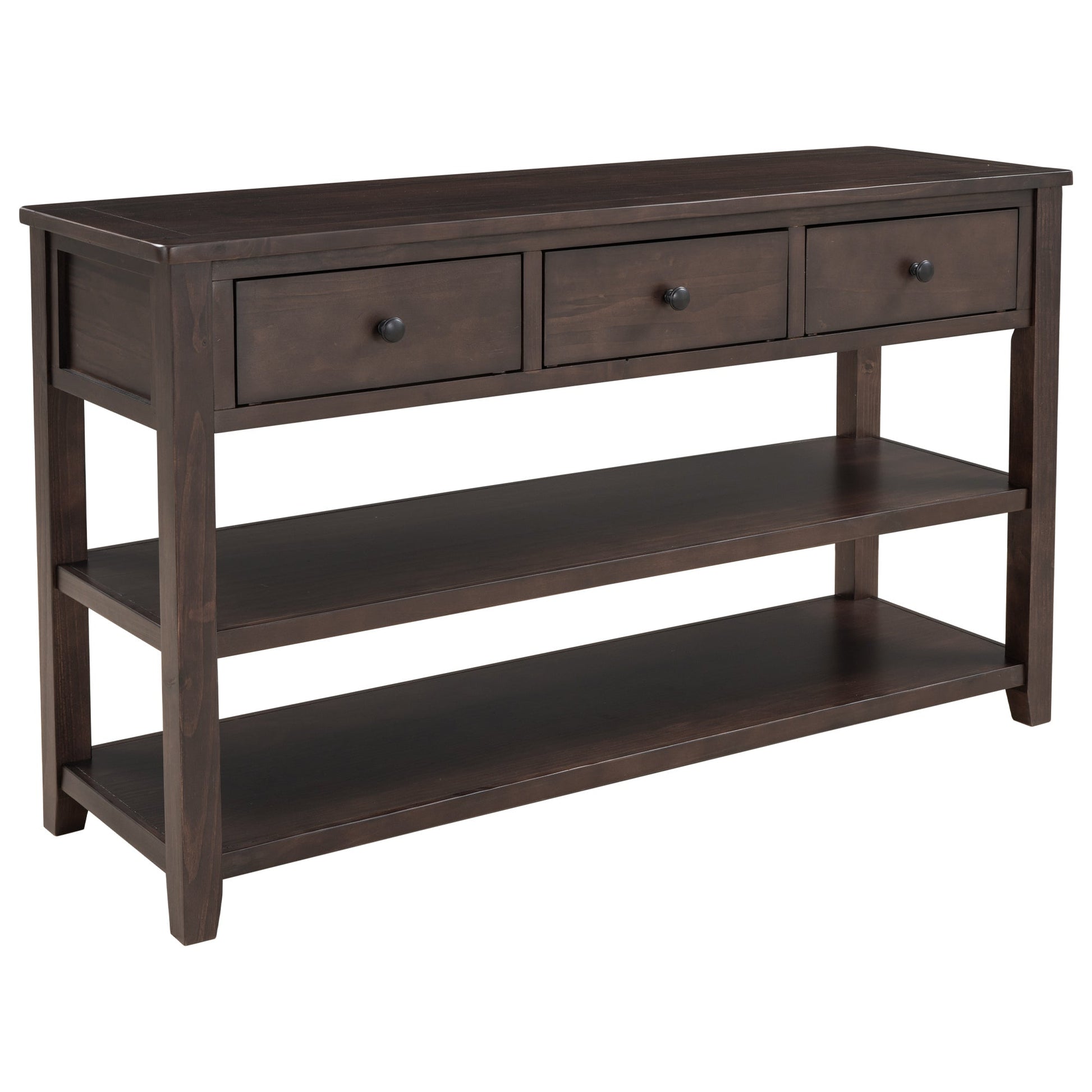 Retro Design Console Table with Two Open Shelves, Pine Solid Wood Frame and Legs for Living Room (Espresso) - Korvel