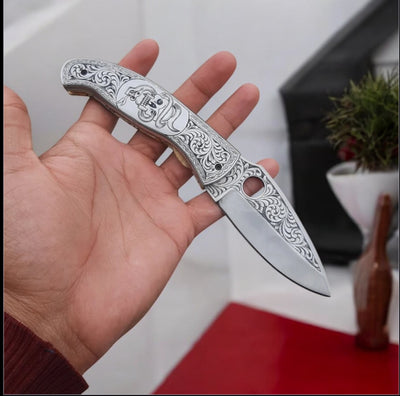 Artisan J2 Steel Folding Pocket Knife – 7.5" EDC with Leather Sheath - Korvel