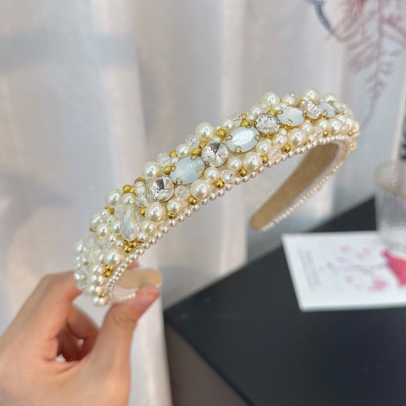 New handmade beaded crystal pearl retro exaggerated internet celebrity hot selling thin edge hair accessories - Korvel