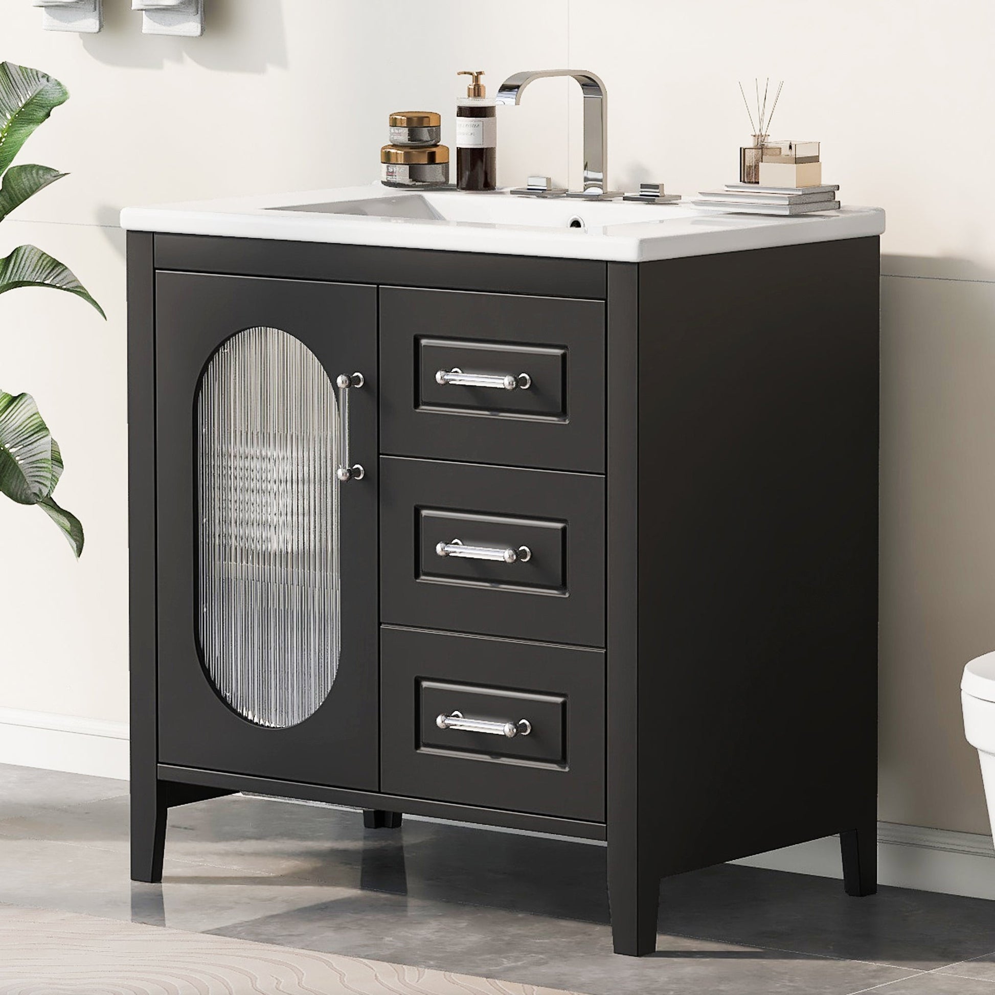 30" Bathroom Vanity with Sink, Bathroom Vanity Cabinet with Two Drawers and Door, Adjustable Shelf, Solid Wood and MDF, Black - Korvel