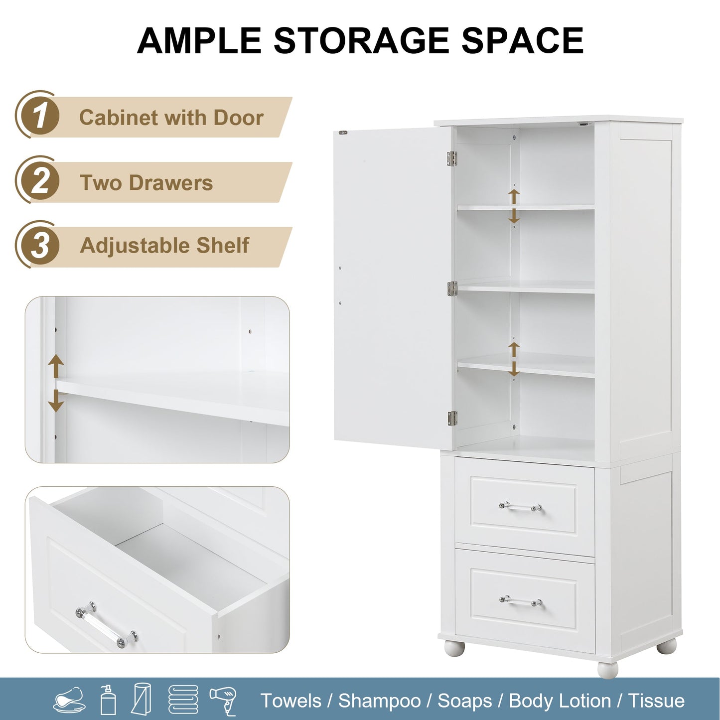 Tall bathroom storage cabinet with two drawers and adjustable shelves for independent storage - Korvel