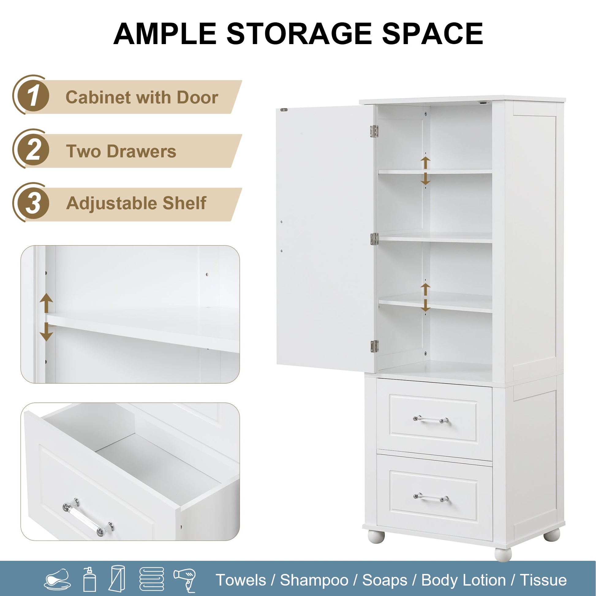Tall bathroom storage cabinet with two drawers and adjustable shelves for independent storage - Korvel