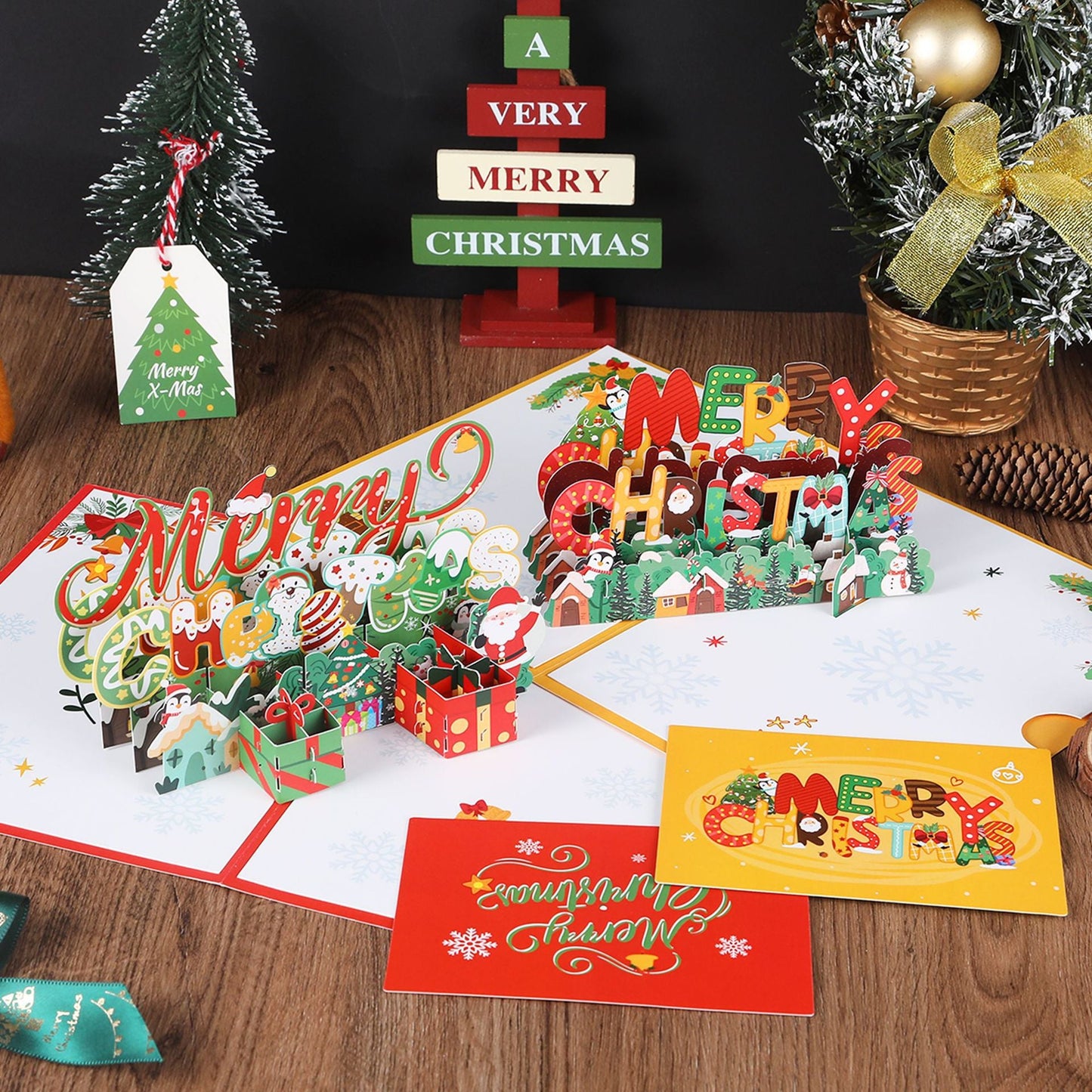 Carte de vœux de Noël 3D avec design de pingouin et d'arbre