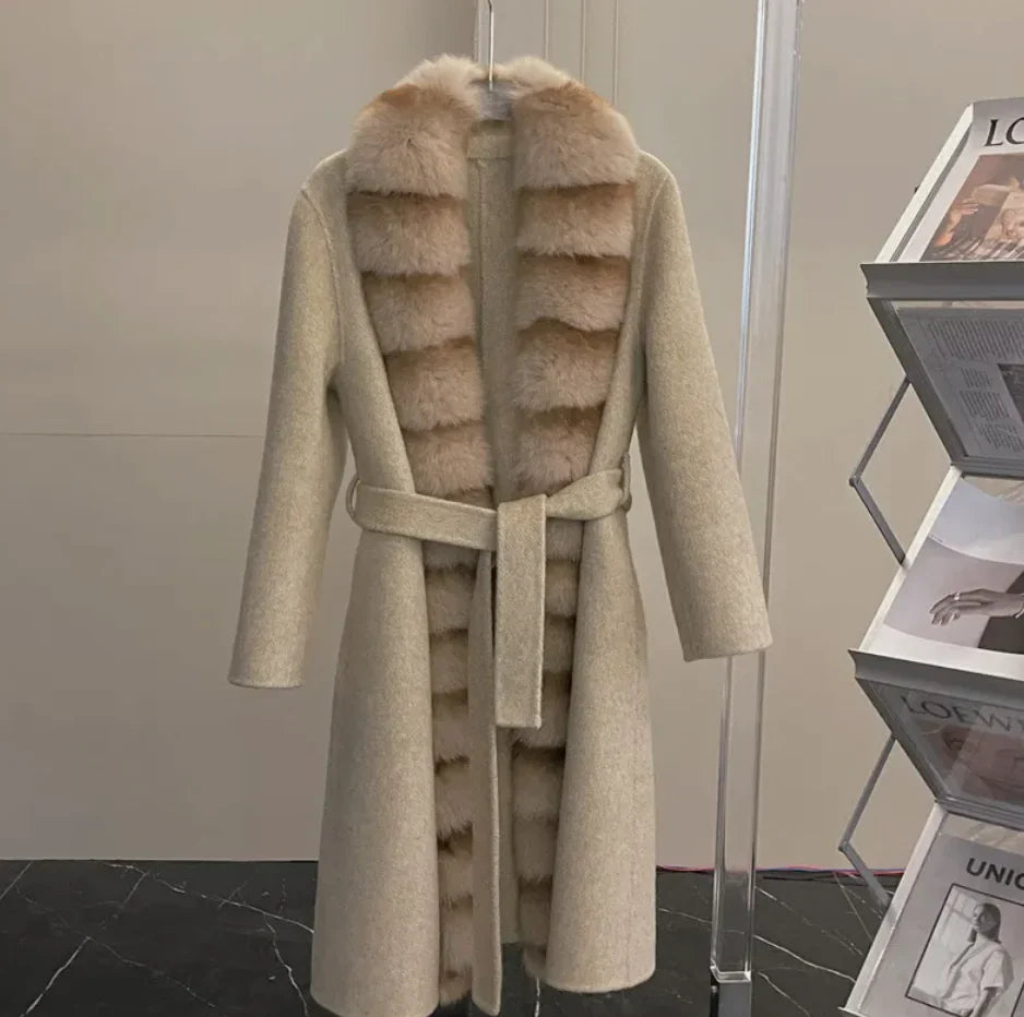 Abrigo de Fleece de Alpaca Lujo con Cuello de Piel de Zorro Desmontable