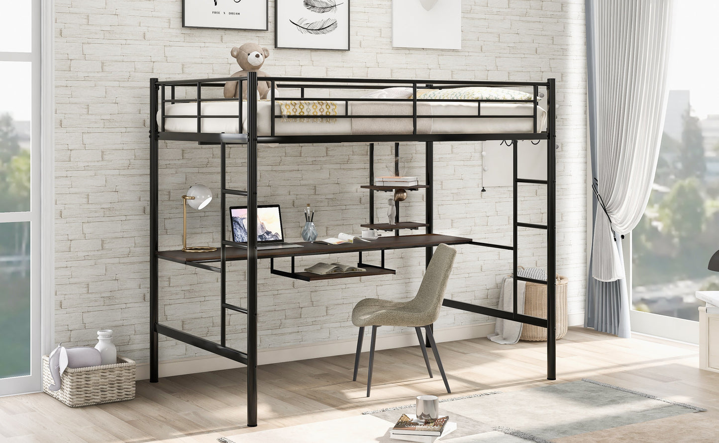 Loft Bed with Desk and Shelf   Space Saving Design Full Black - Korvel