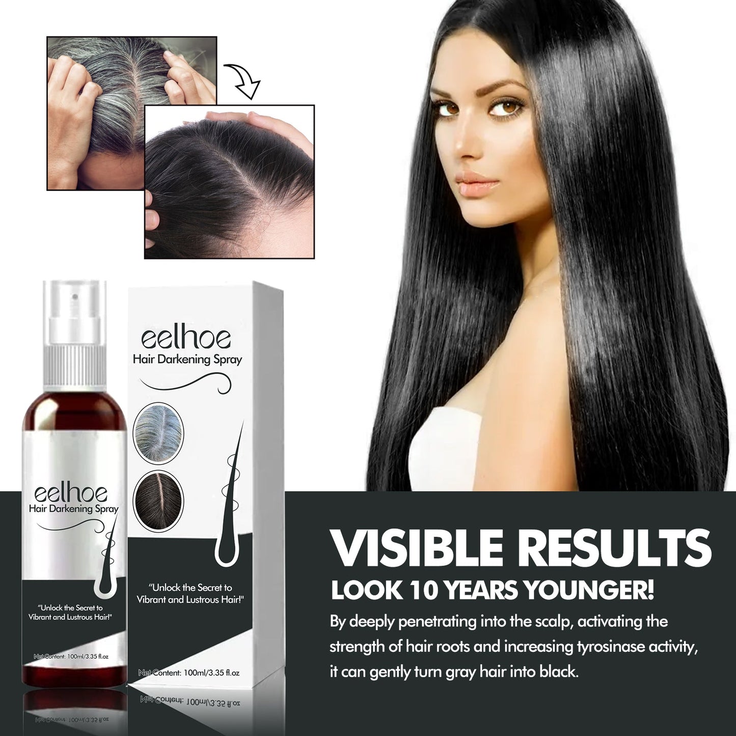 Natural Black Hair Darkening Spray for Smooth, Shiny Hair