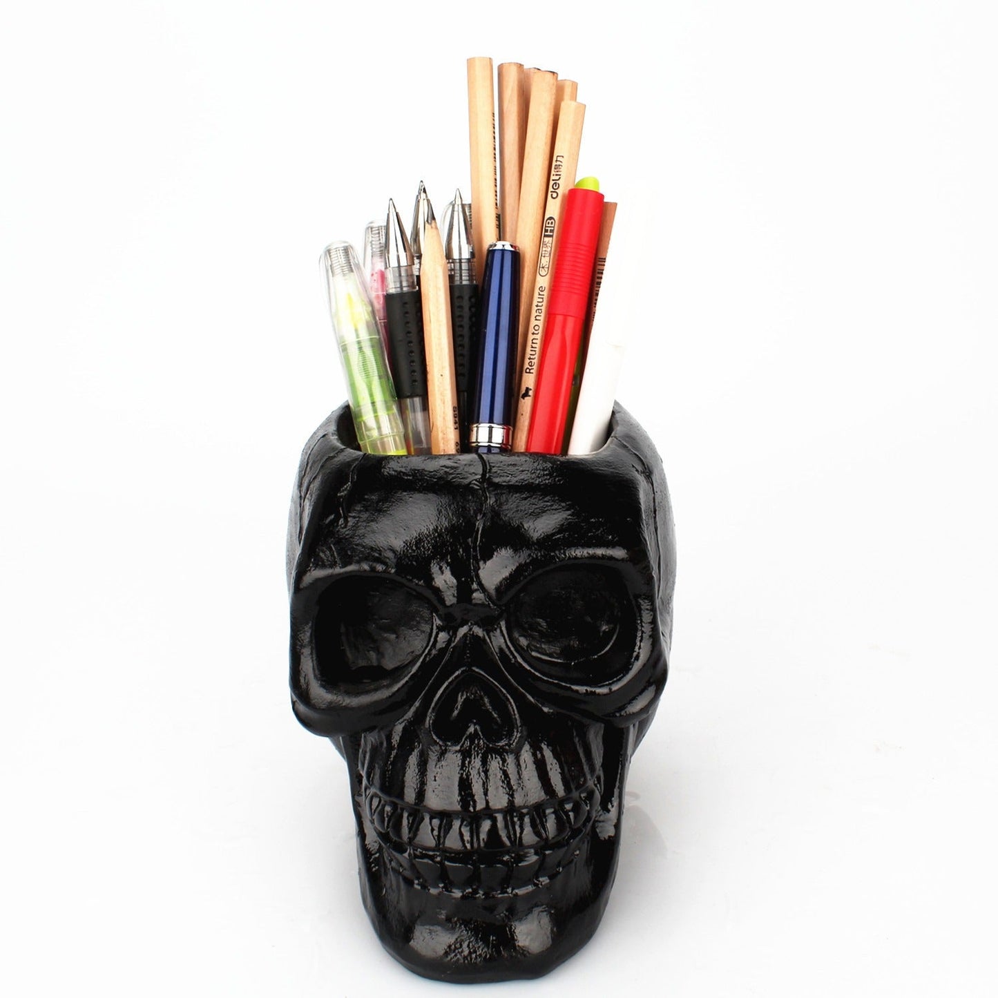 Soporte para bolígrafos con diseño de calavera negra