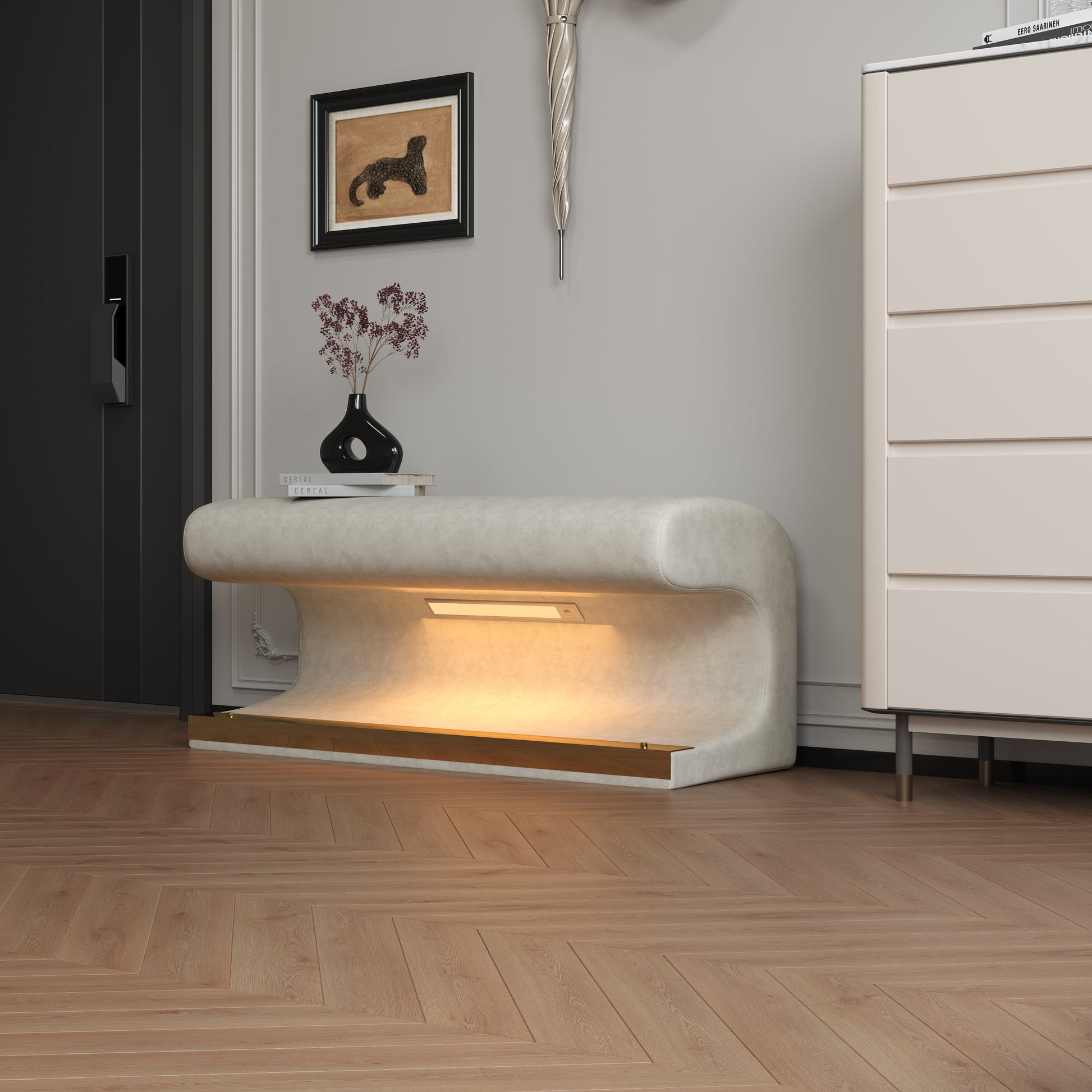 Entryway Bench Leather Upholstered Ottoman with LED sensor light for living room ,bedroom,end of bed ，Beige - Korvel