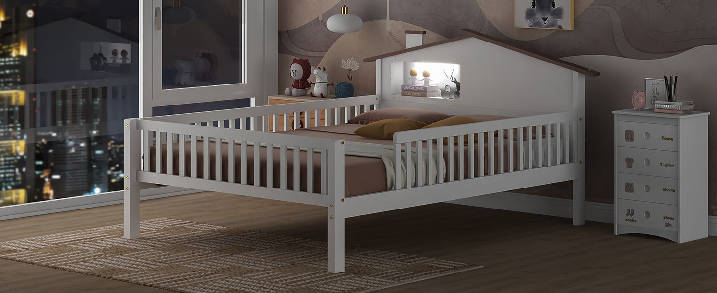 Full Size Wood Platform Bed with House-shaped Headboard, LED and Built-in Storage, White - Korvel