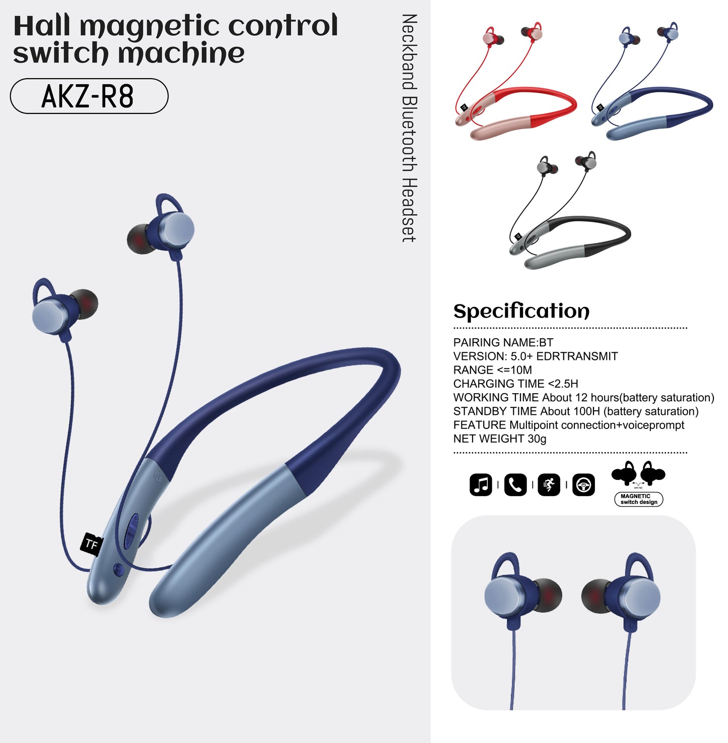 AKZ-R8 New Private Model Wireless Bluetooth Headset 5.0 Hanging Neck Sports Hall Magnetic Switch Stereo Headset - Korvel