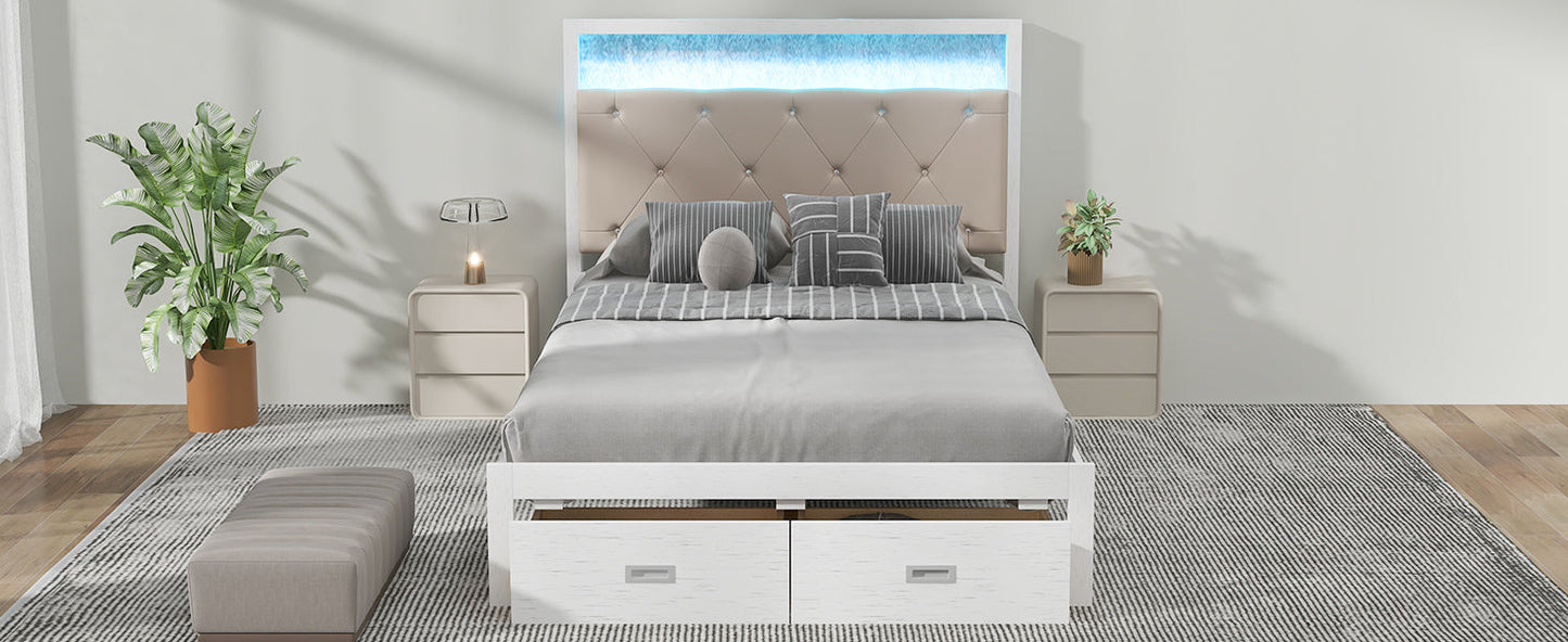 Wood Full Size Platform Bed with Upholstered Headboard and LED and 2 Drawers, Antique White - Korvel