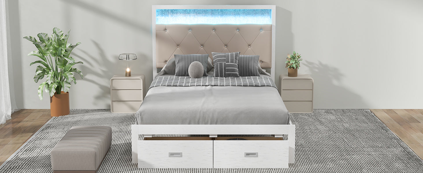 Wood Full Size Platform Bed with Upholstered Headboard and LED and 2 Drawers, Antique White - Korvel