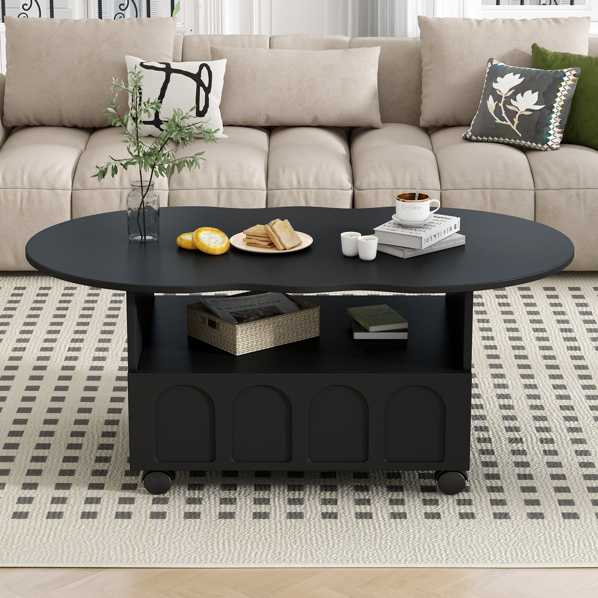 ON-TRANS flexible cream style coffee table with 2 brake wheels, drawers, large storage space,black, 39.37 '' x 23.6 '' - Korvel