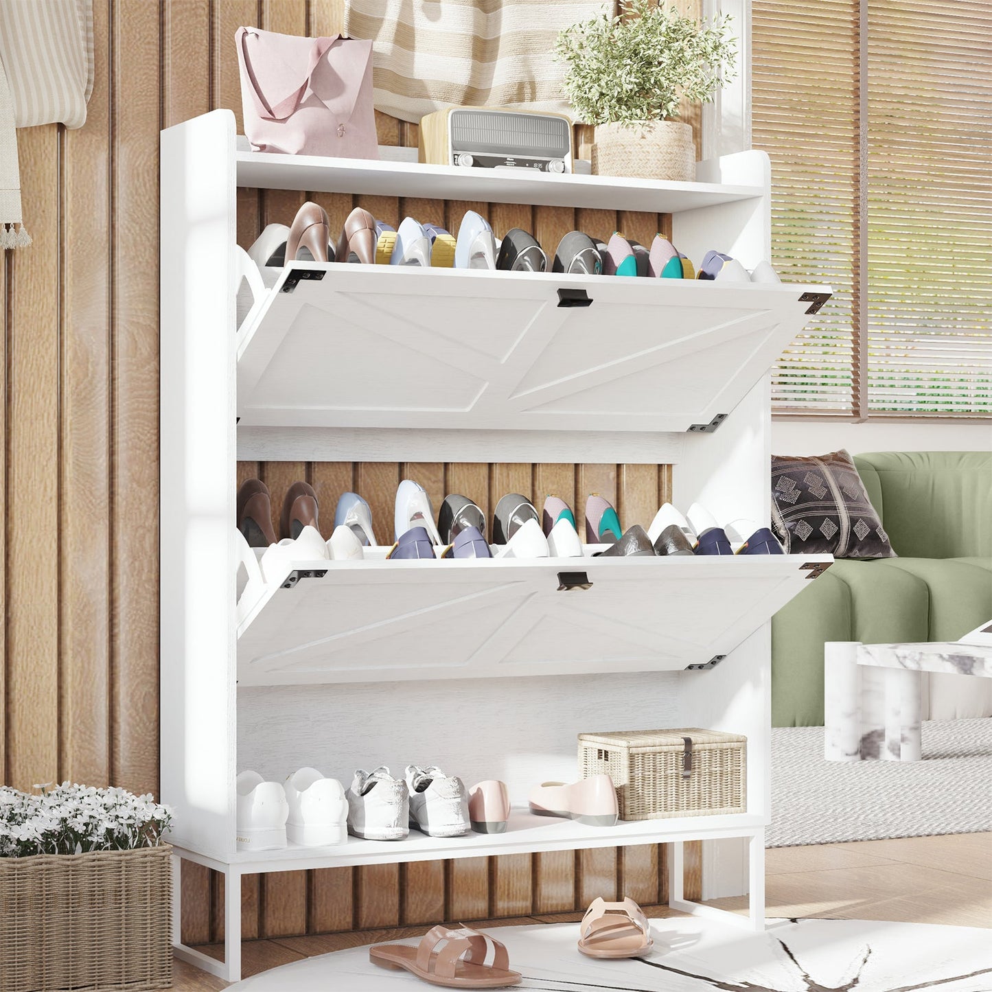 Elegant White Shoe Cabinet with 2 Flip Drawers