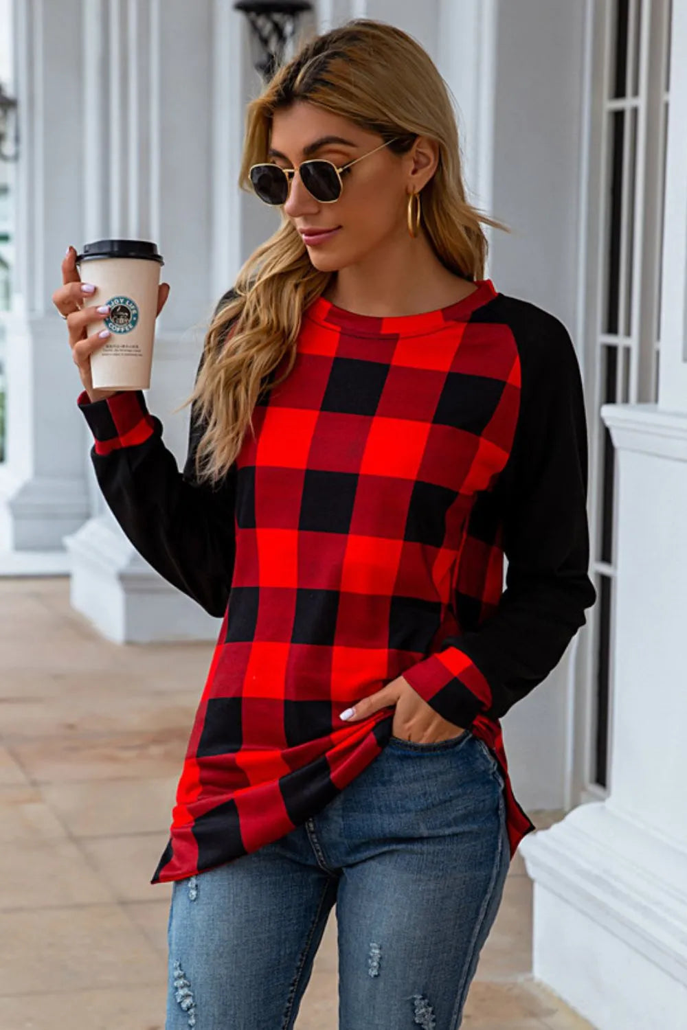 Plaid Round Neck Long Sleeve T-Shirt - Korvel