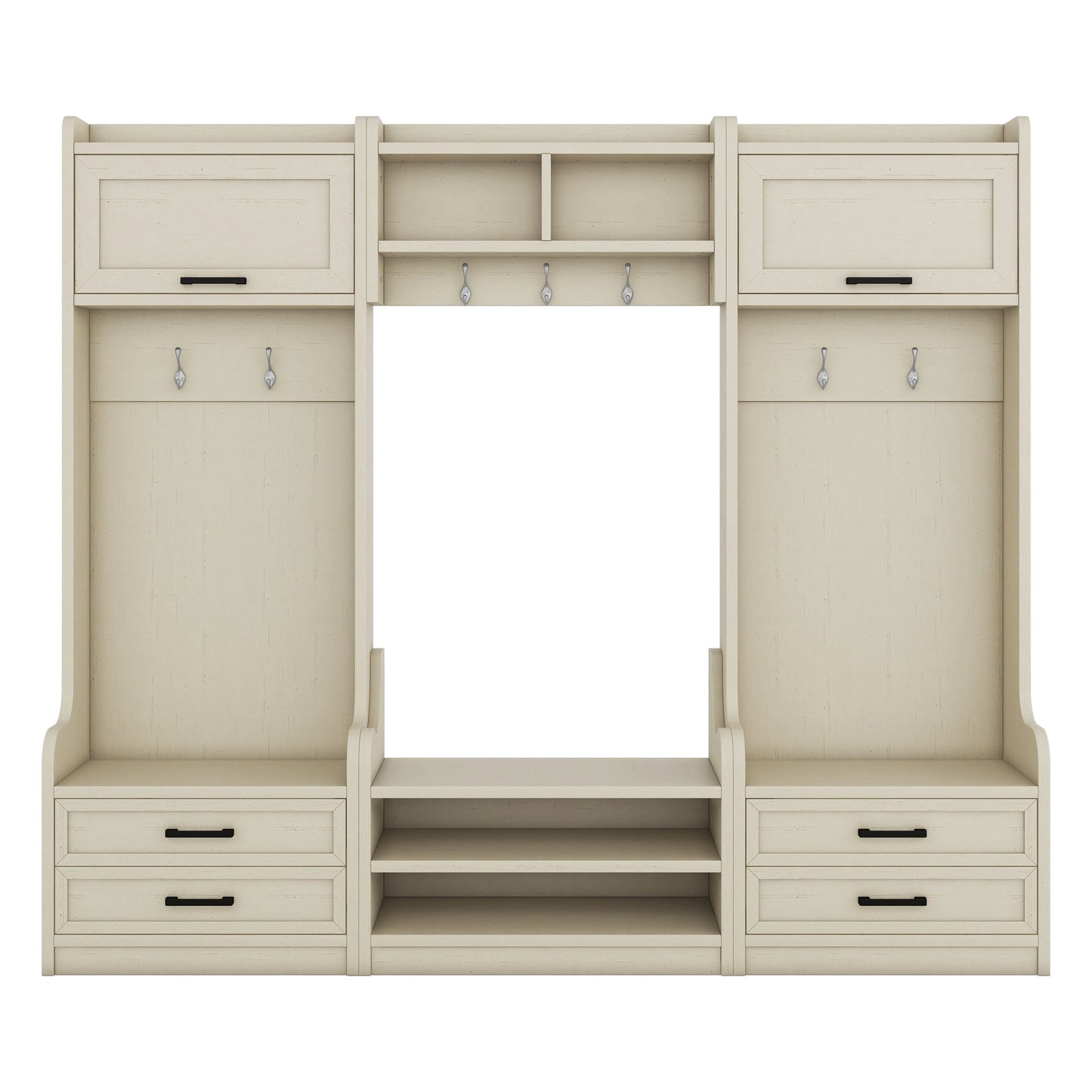 Four in one detachable hall tree with drawers and cabinets, 7 hooks, multifunctional corridor hangers, antique beige shoe stools - Korvel