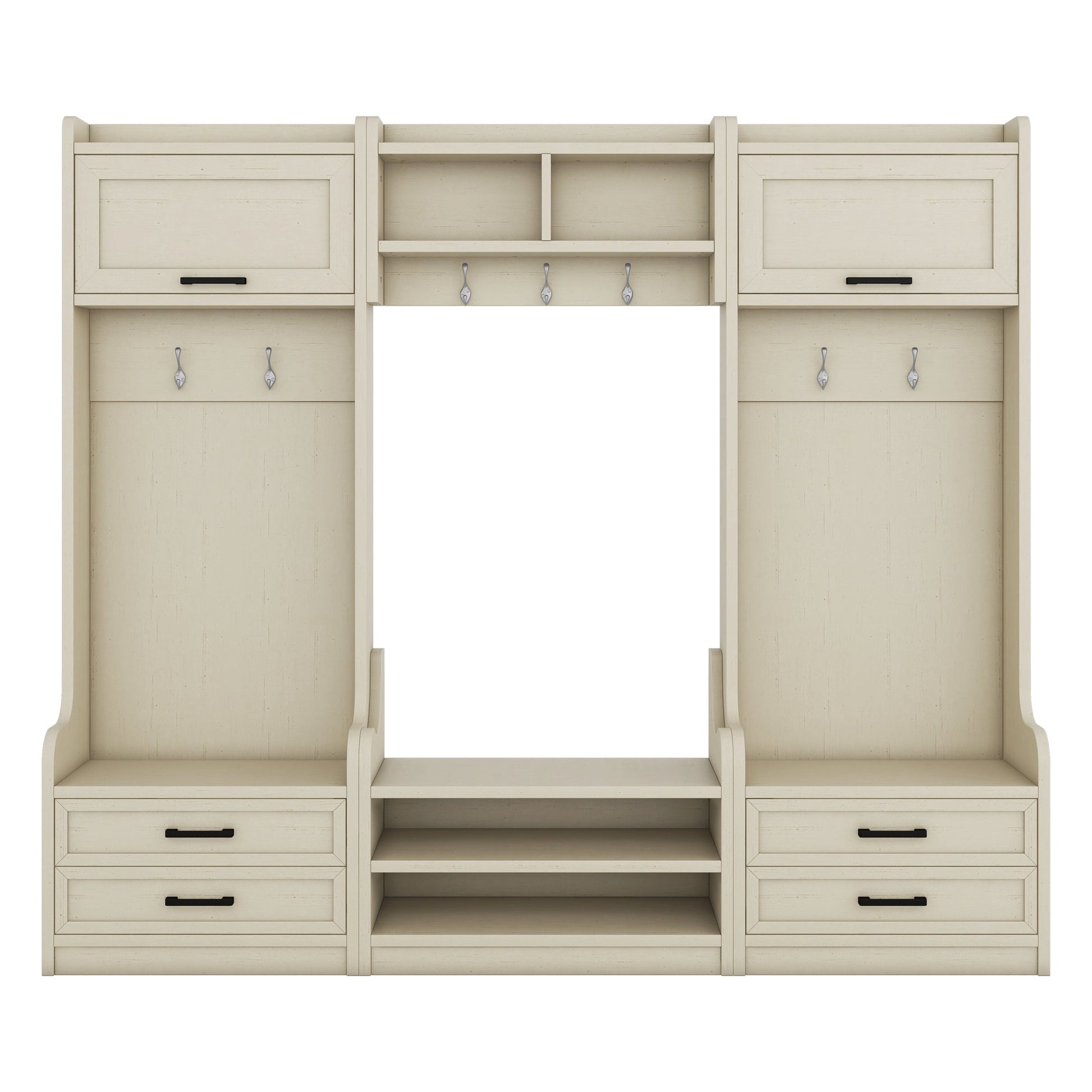 Four in one detachable hall tree with drawers and cabinets, 7 hooks, multifunctional corridor hangers, antique beige shoe stools - Korvel