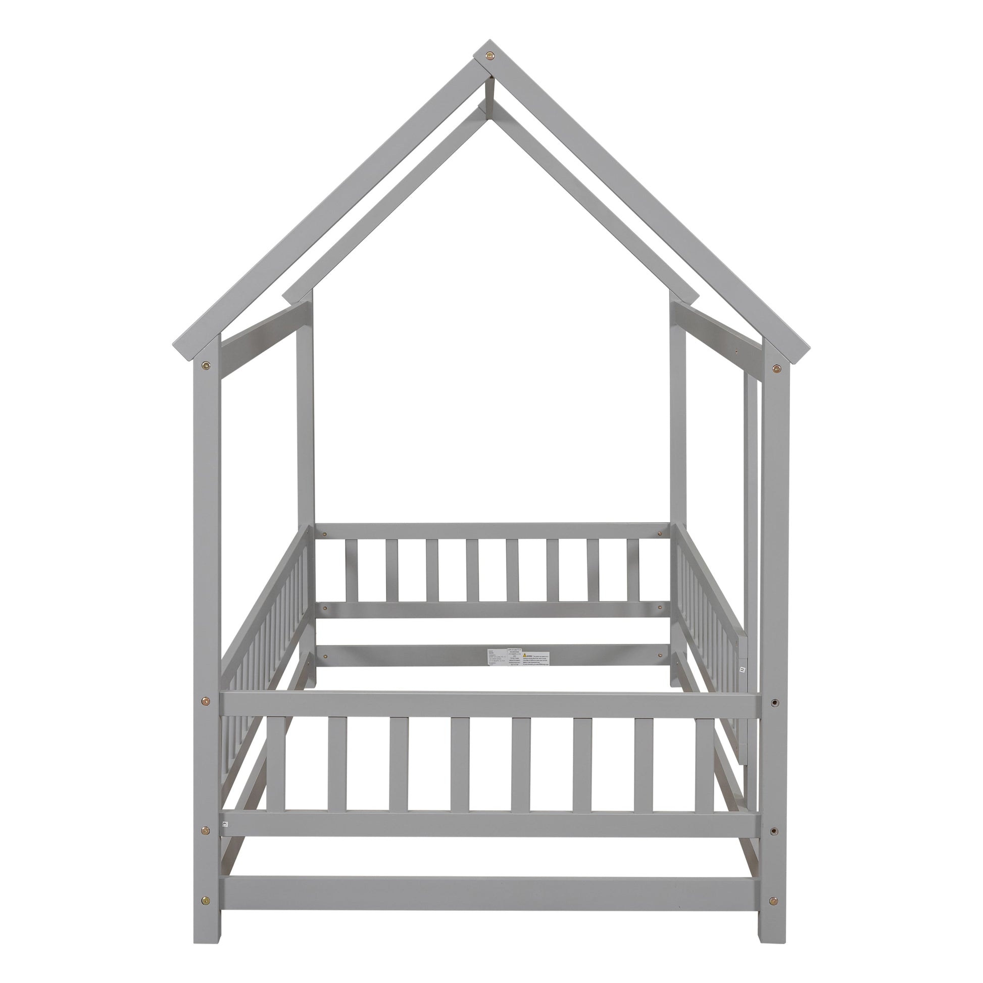 Twin Size Floor Wooden Bed with House Roof Frame, Fence Guardrails,Grey - Korvel