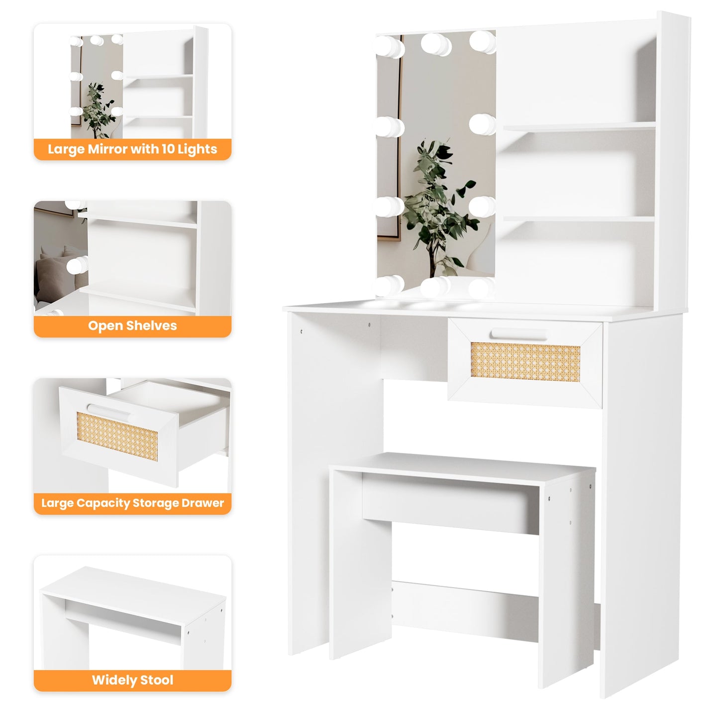 Vanity Desk Set Stool & Dressing Table with LED Lighting Mirror Drawer and Wood Cosmetic Table Chest of Drawers White Color - Korvel