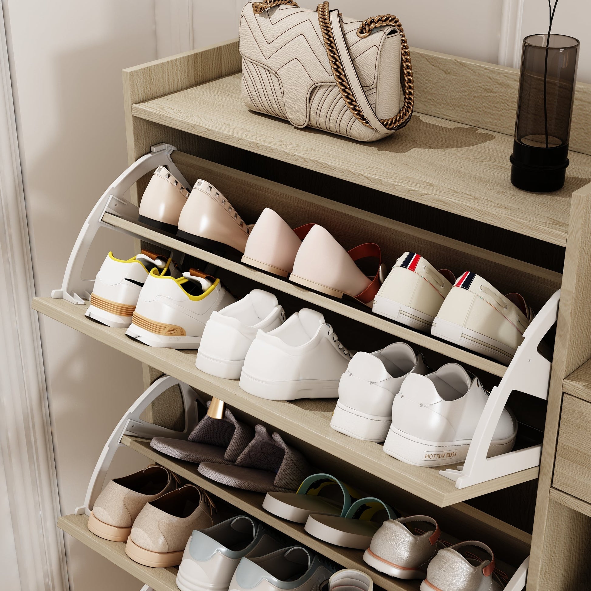 Natural Bohemian style shoe cabinet with 3 rattan flip drawers, 3 square shelves, and 1 storage drawer,  Natural - Korvel