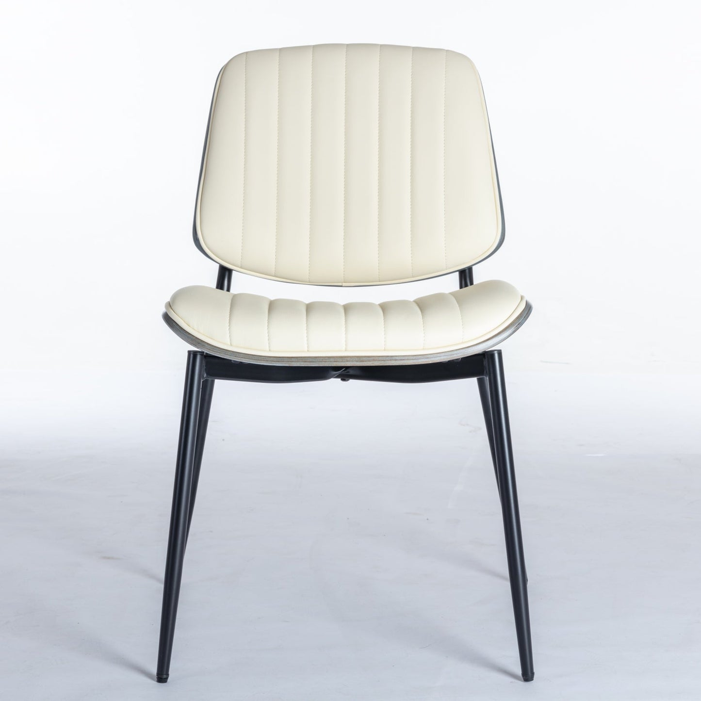 2-piece retro linen chair set with curved wooden backrest, cushioned seat, adjustable metal legs, (Beige PU) - Korvel