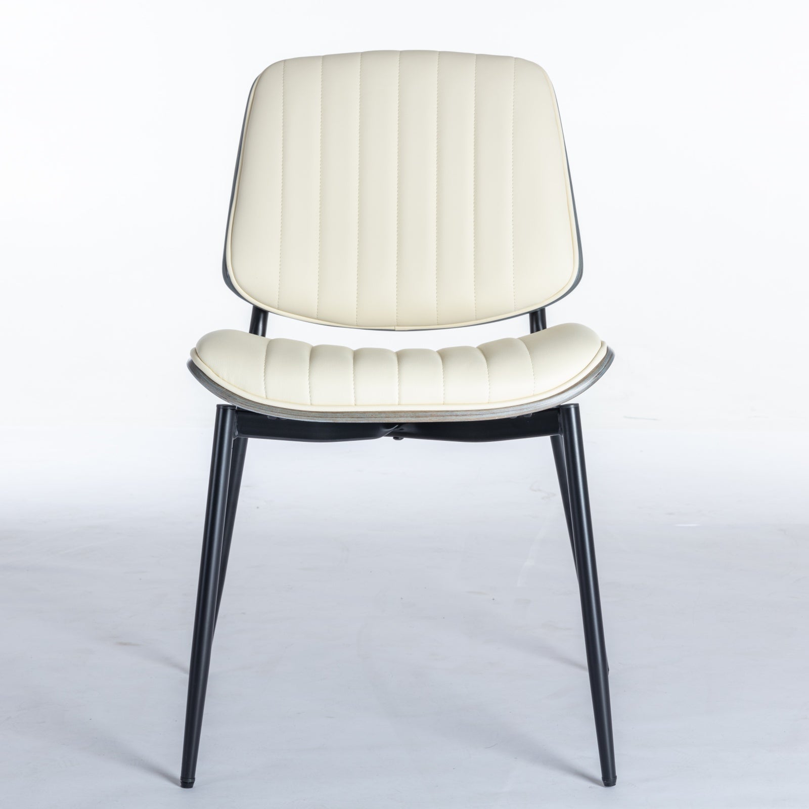2-piece retro linen chair set with curved wooden backrest, cushioned seat, adjustable metal legs, (Beige PU) - Korvel