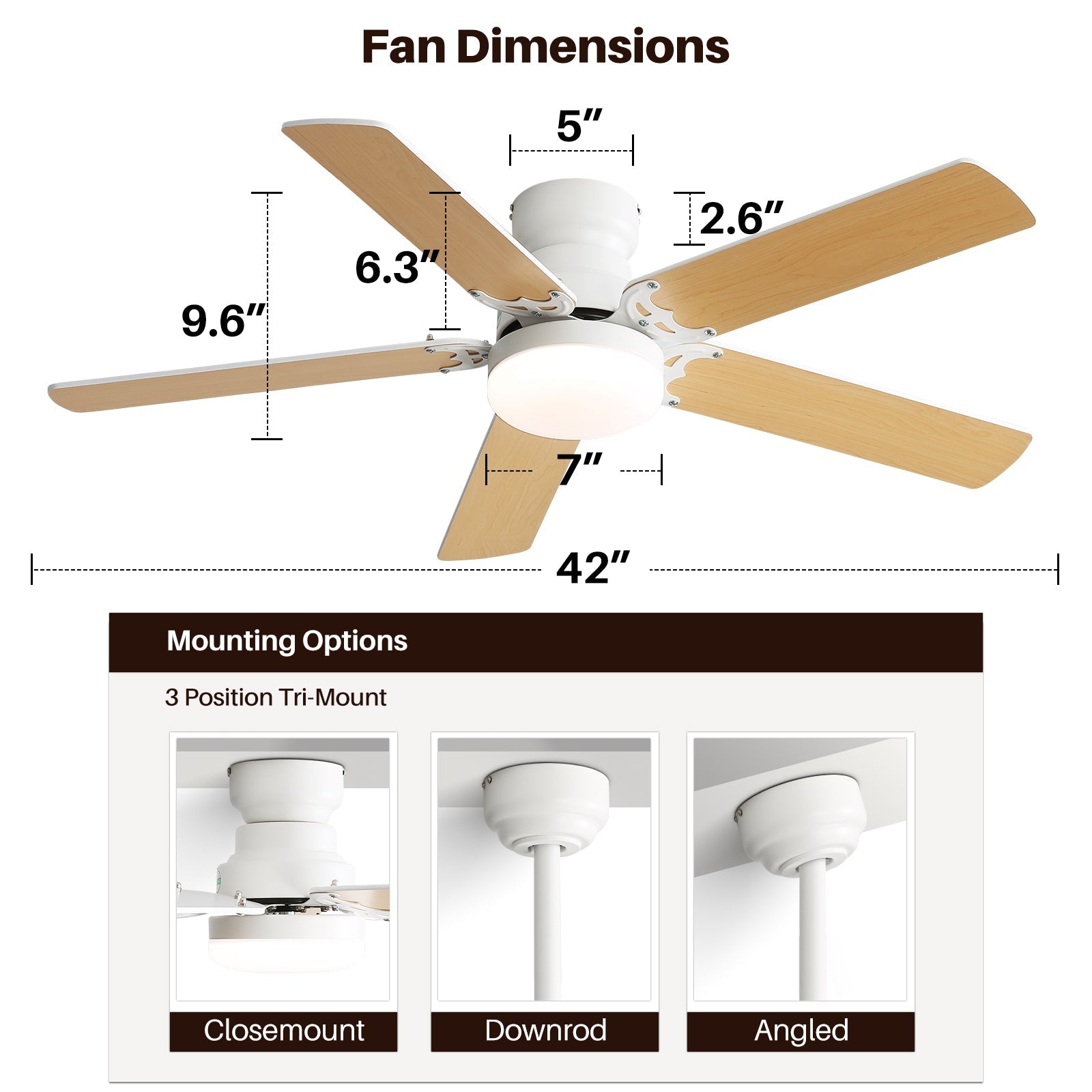 42 Inch Modern Ceiling Fan With 3 Color Dimmable Light 5 Blades Remote Control Reversible DC Motor White - Korvel