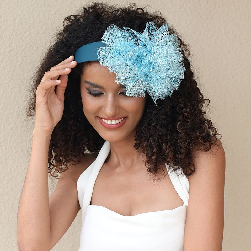 Solid color sequin flower wide edge girl style mesh headband - Korvel