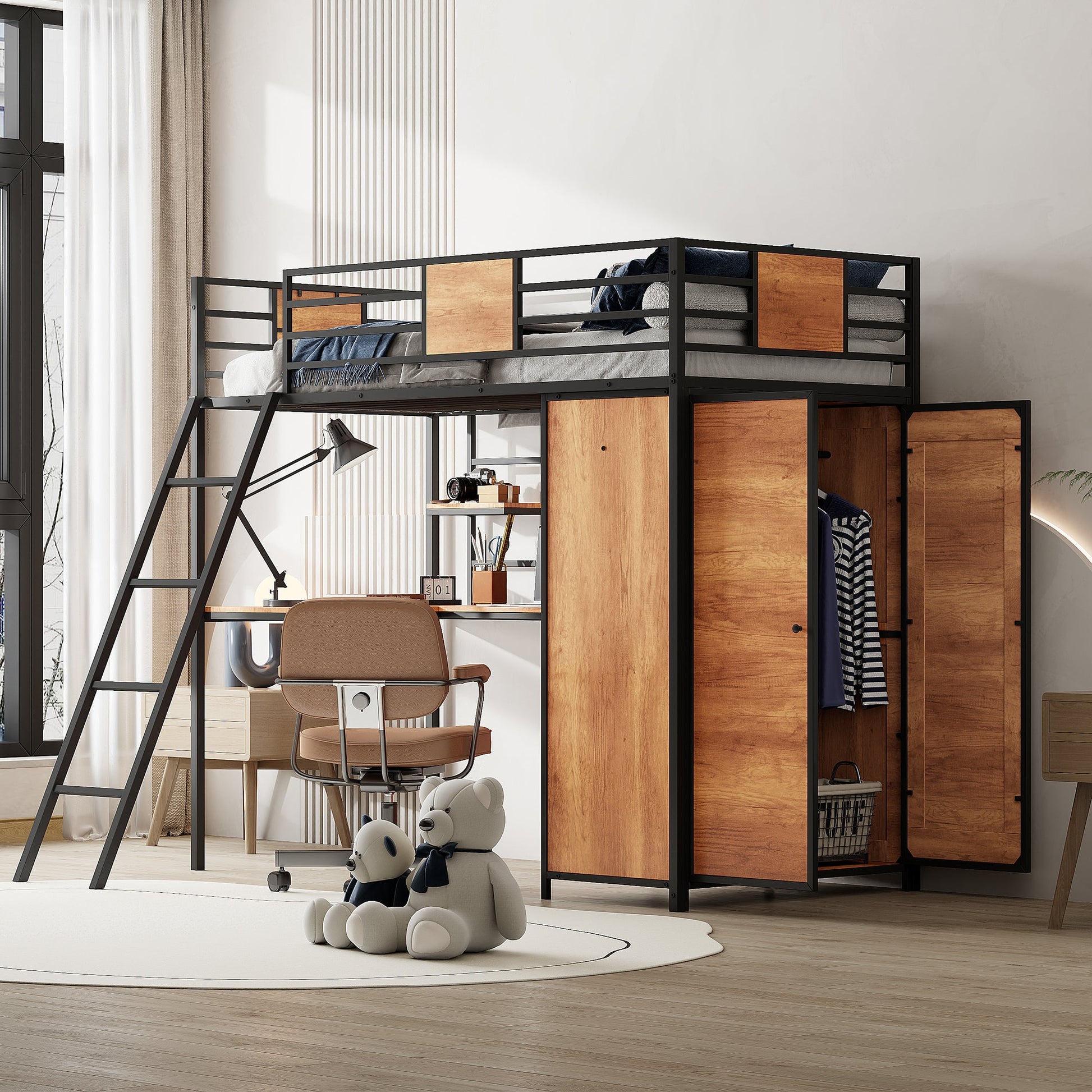 Twin Size Loft bed with L-shape Desk and Wardrobe, Black - Korvel