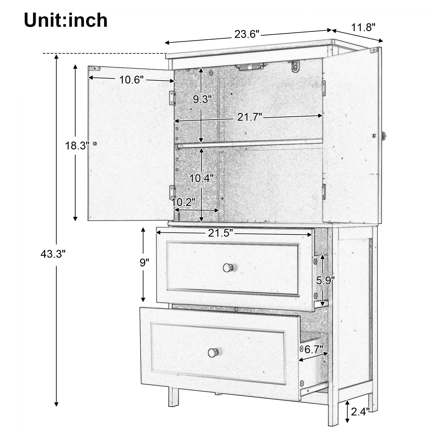 Bathroom Storage Cabinet, Cabinet with Two Doors and Drawers, Adjustable Shelf, MDF Board, White - Korvel