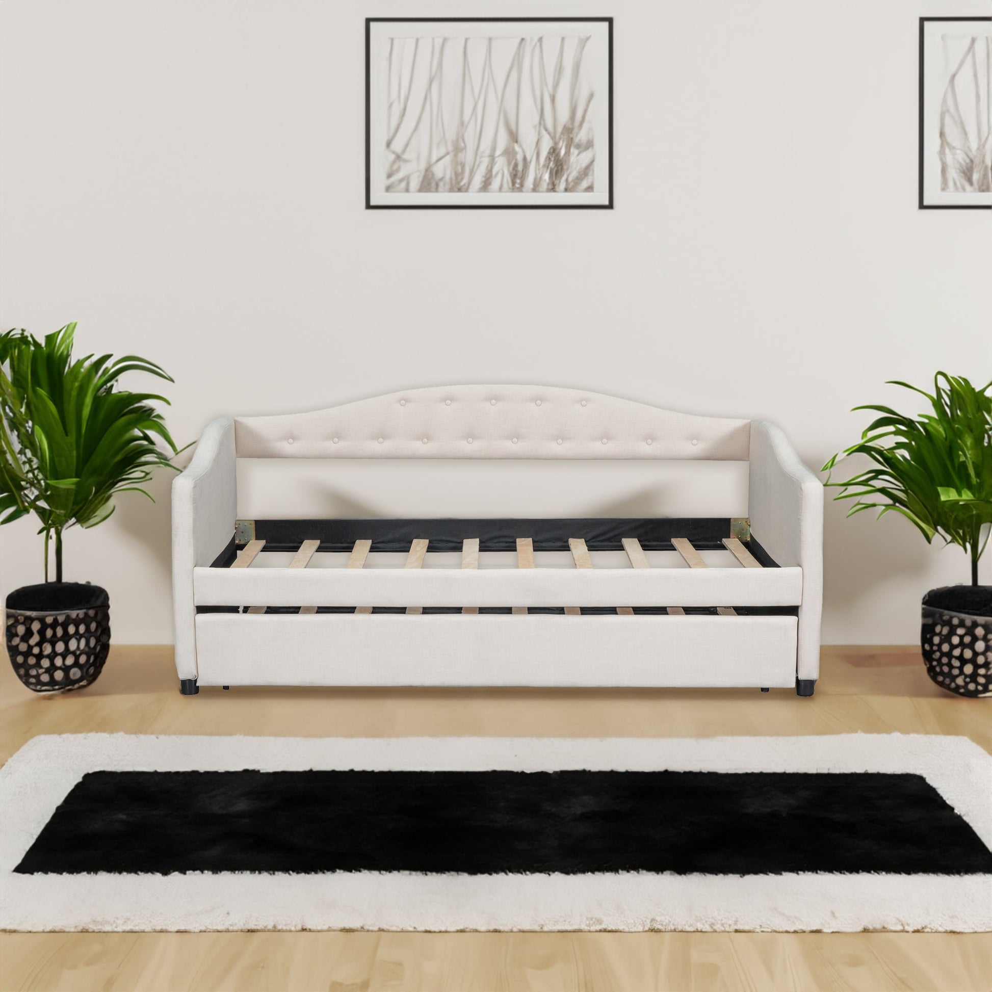 Upholstered Twin Size Daybed with Trundle, Beige - Korvel
