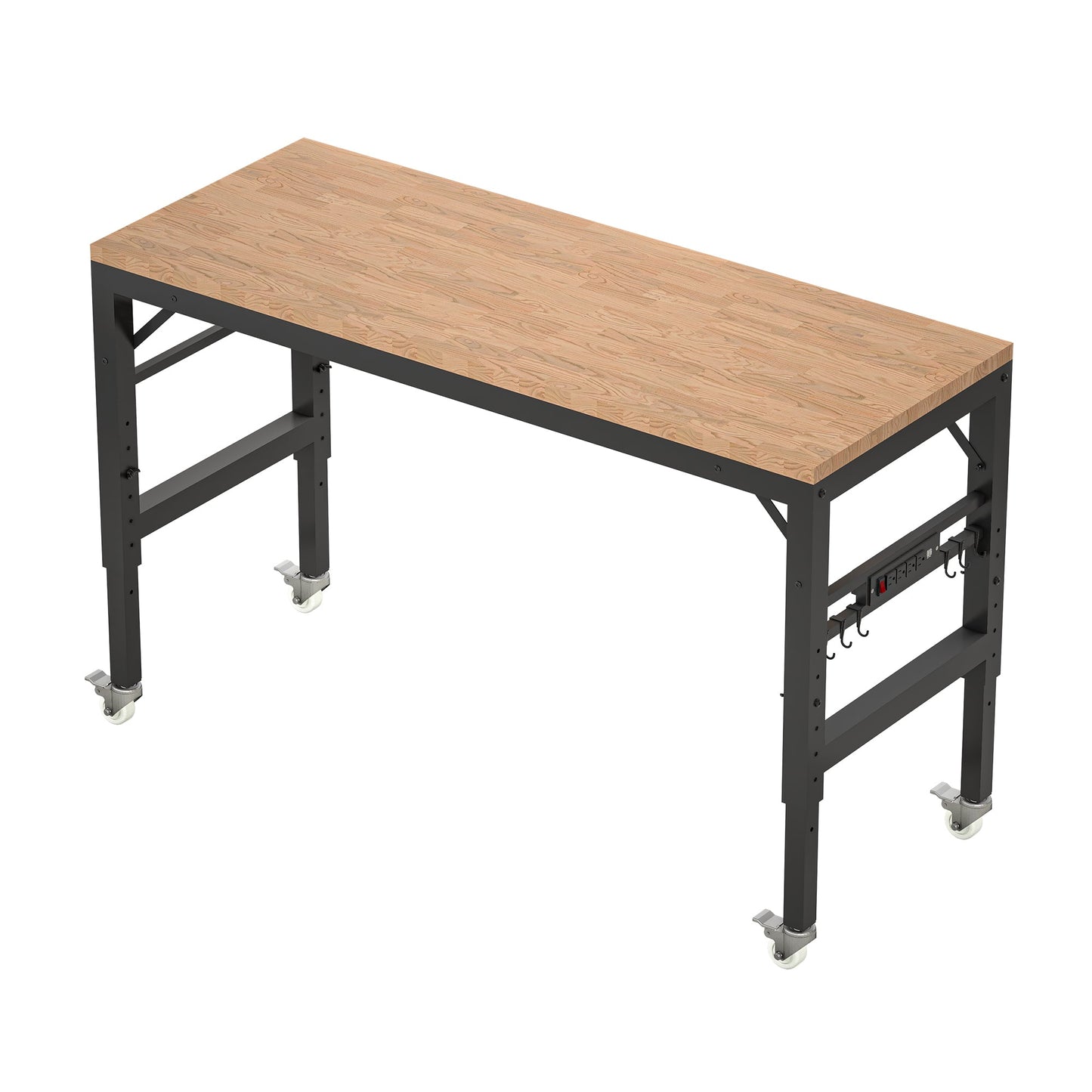 60 inch adjustable garage workbench, rubber wood heavy-duty workstation with power socket and wheels, 2000 pound load capacity - Korvel