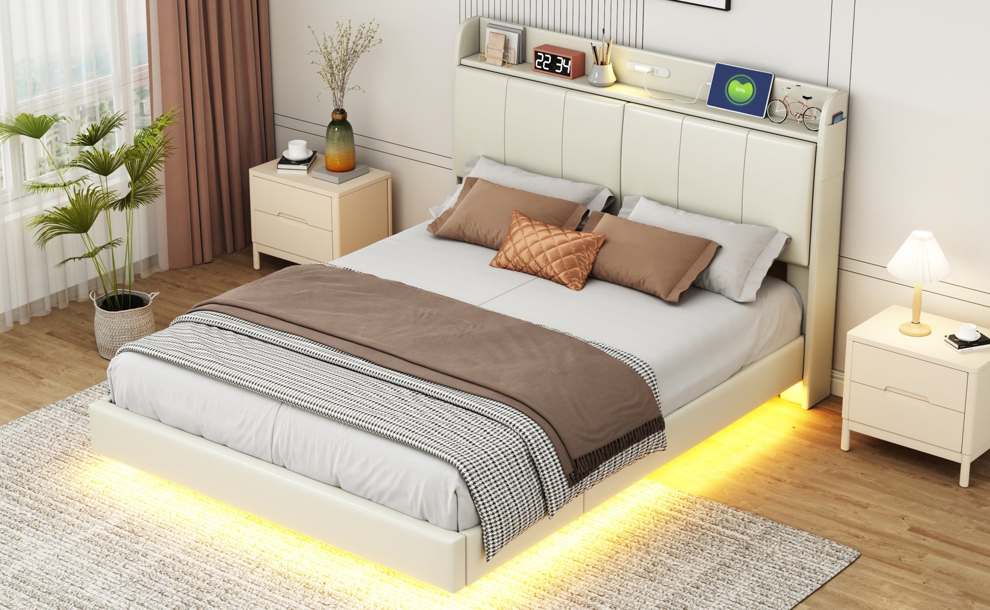 Large floating bed frame with storage headboard, touch sensor, night light and USB charger, padded platform bed, beige color - Korvel