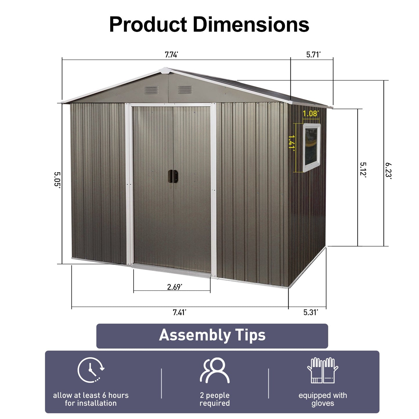 8ft x 6ft Outdoor Metal Storage Shed with Window Grey(W540S00016) - Korvel