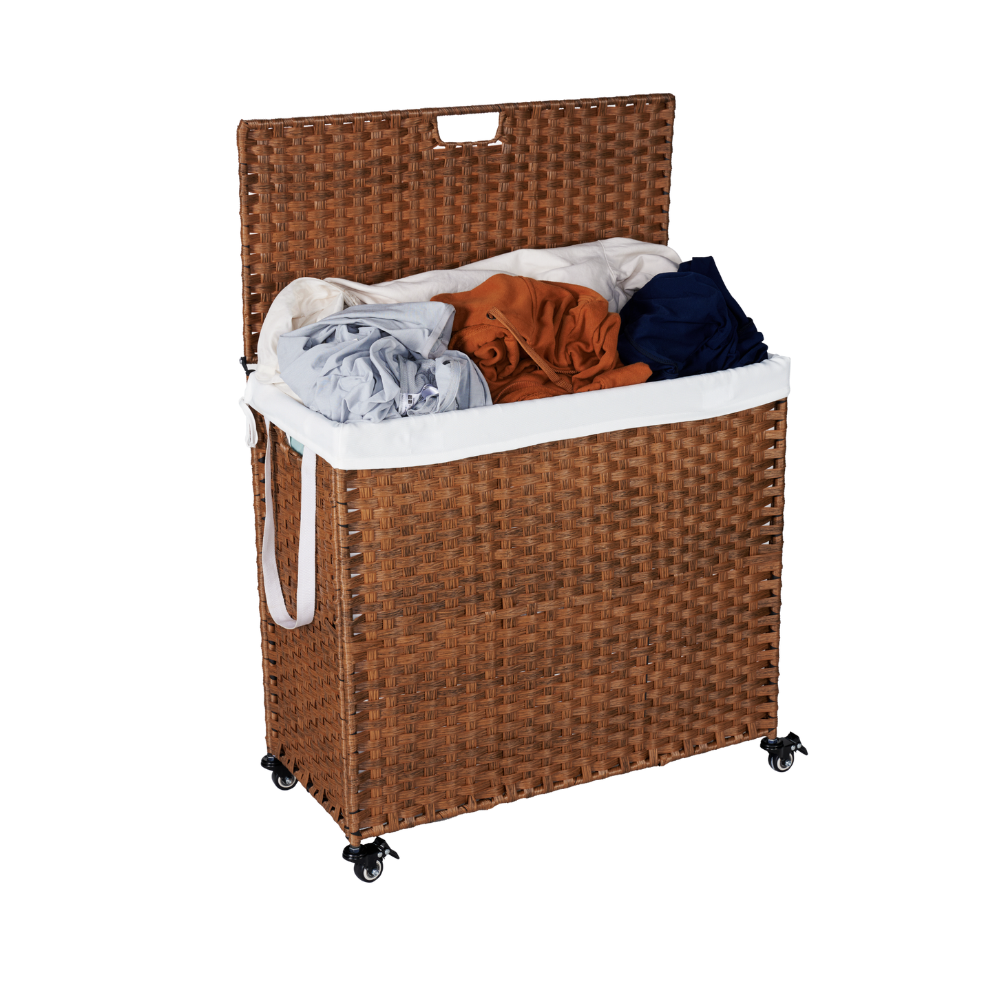 Laundry Hamper With Lid PE Rattan Powder Coating Frame Clothes Hampers with 02 Removable Bags, Wheels, 160L, Brown Color - Korvel