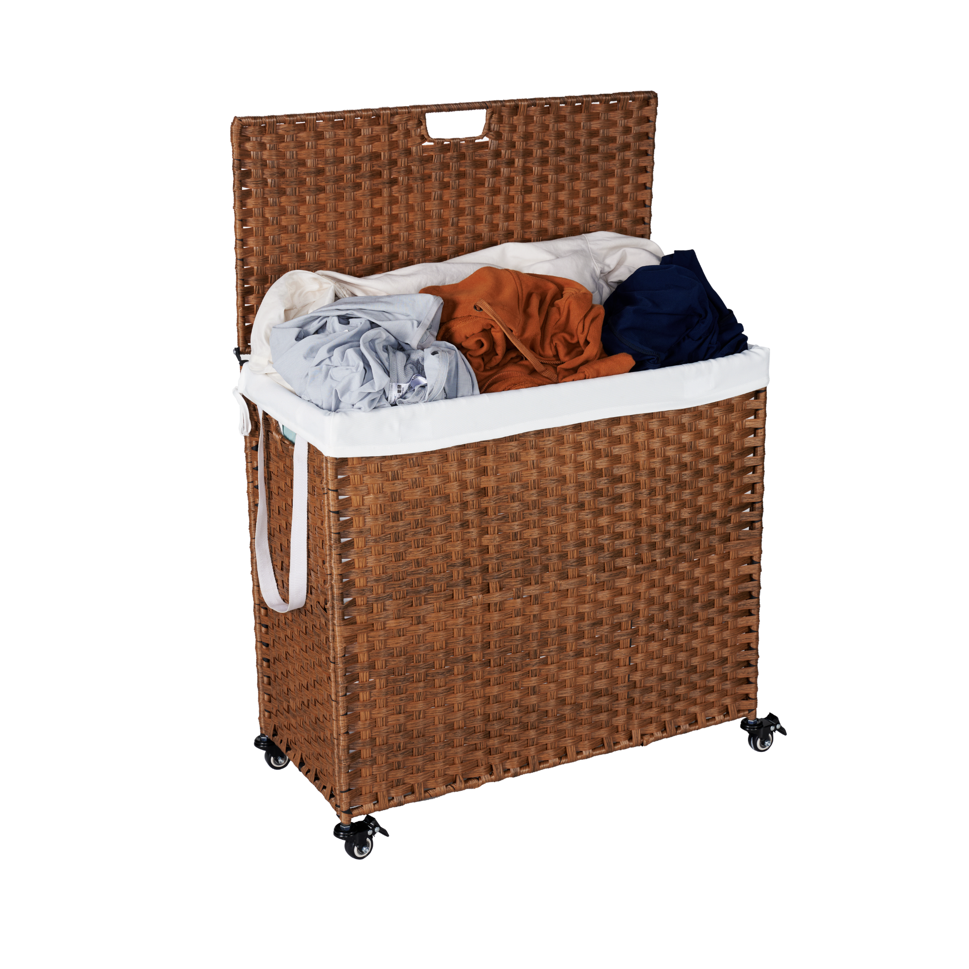 Laundry Hamper With Lid PE Rattan Powder Coating Frame Clothes Hampers with 02 Removable Bags, Wheels, 160L, Brown Color - Korvel