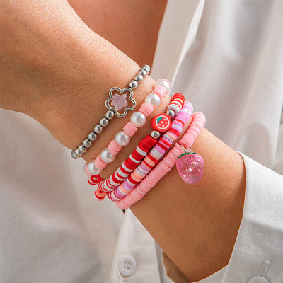 Sweet acrylic bead bracelet with cute strawberry soft ceramic CCB bracelet set - Korvel