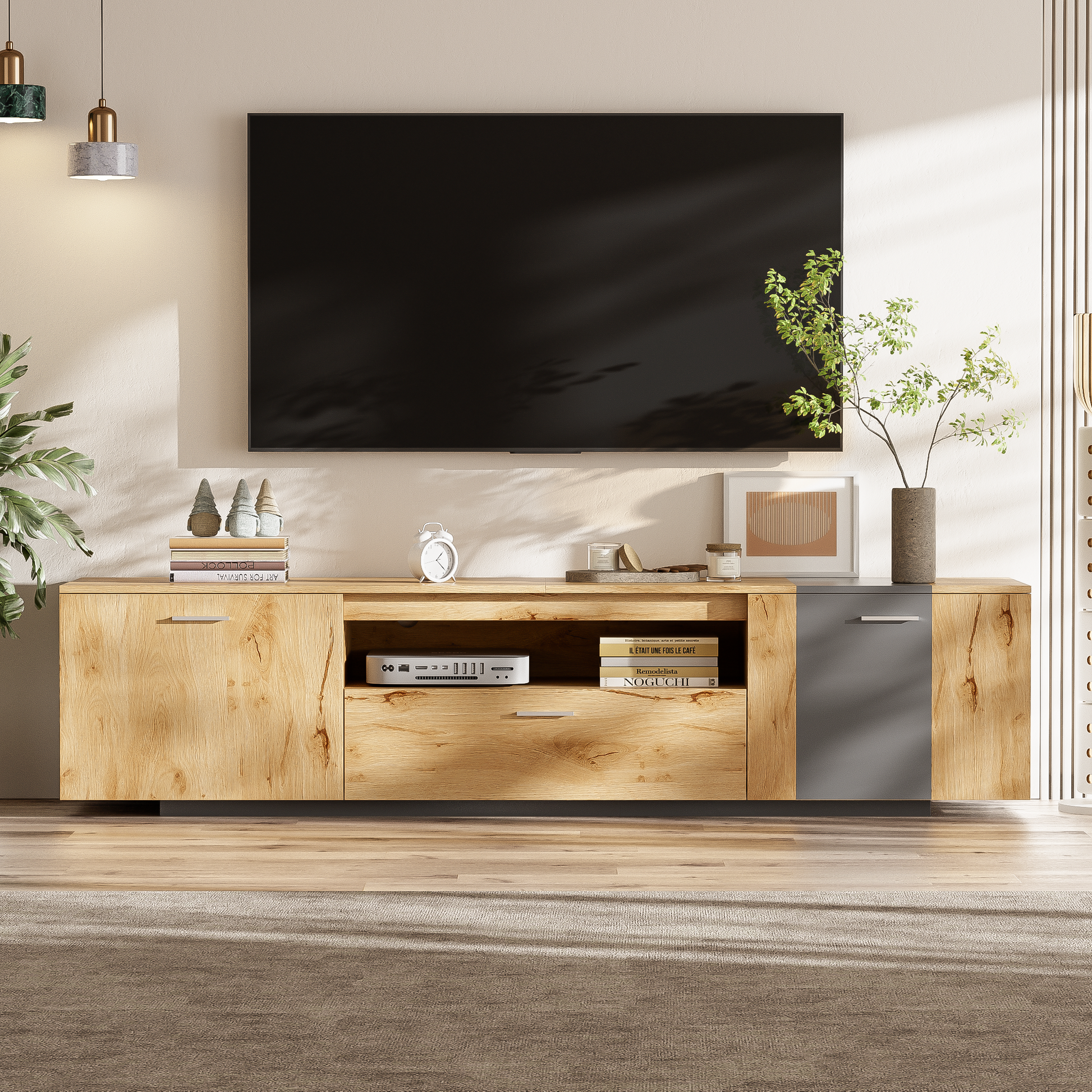 70 inch modern TV stand with 3 cabinets and drawers, entertainment center can accommodate TVs under 80 inches - Korvel