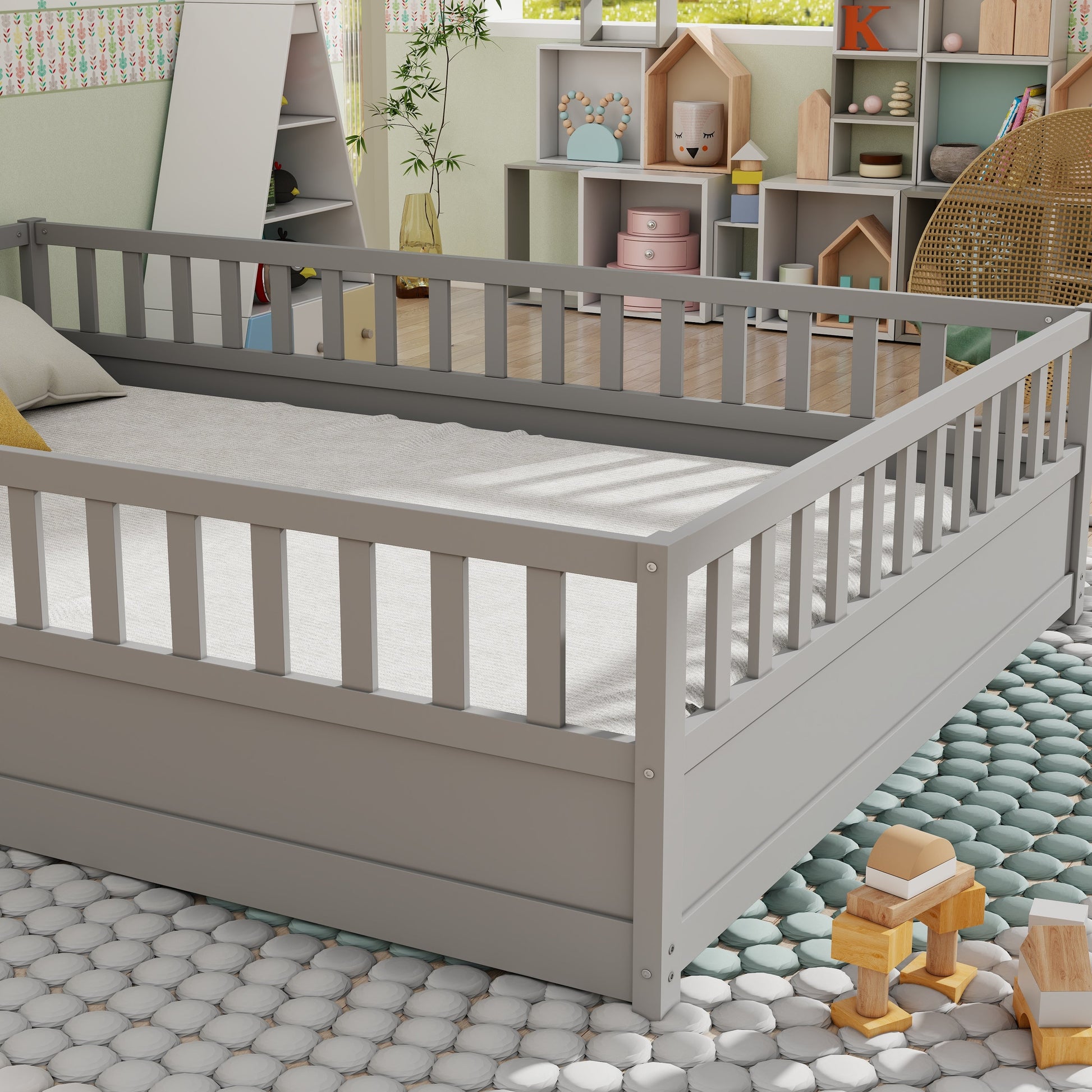 Full size floor bed, children's floor bed frame, Montessori wood floor bed, support Flat noodles gray - Korvel