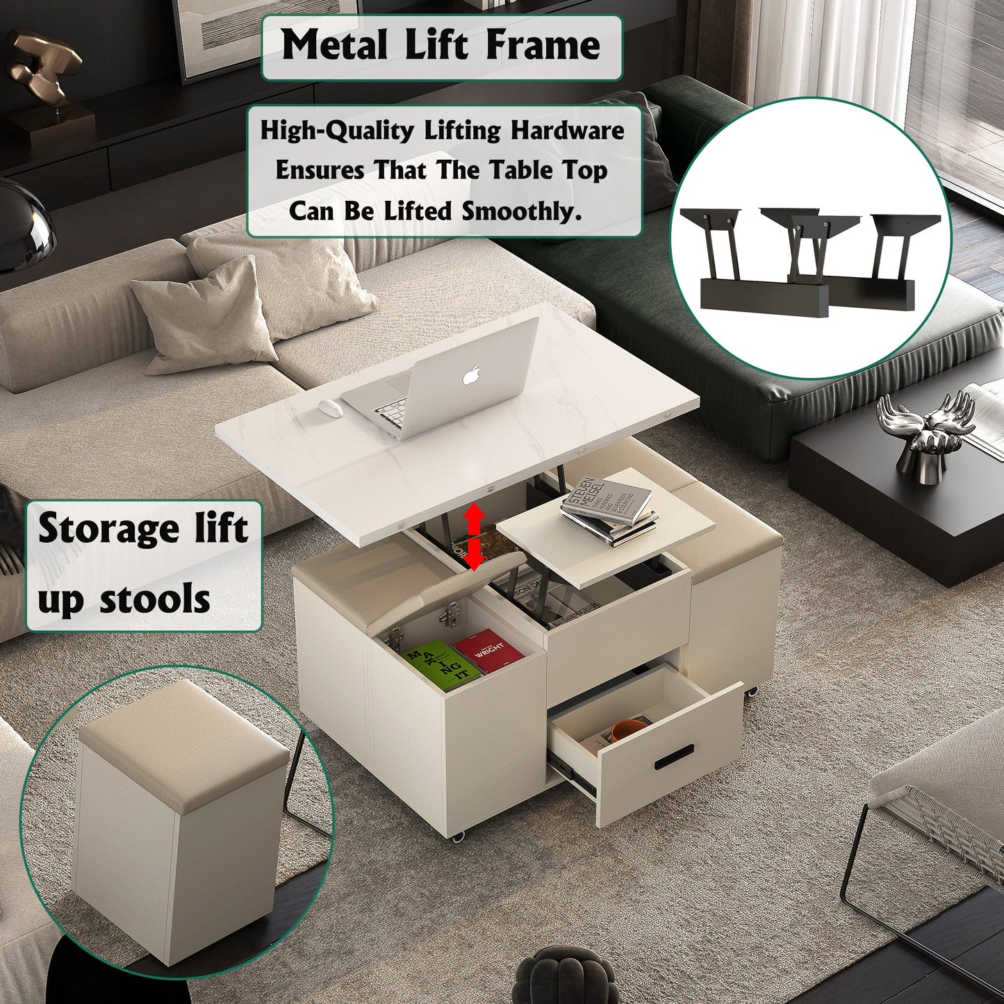 Modern Lift-Up Coffee Table with Storage and Stools