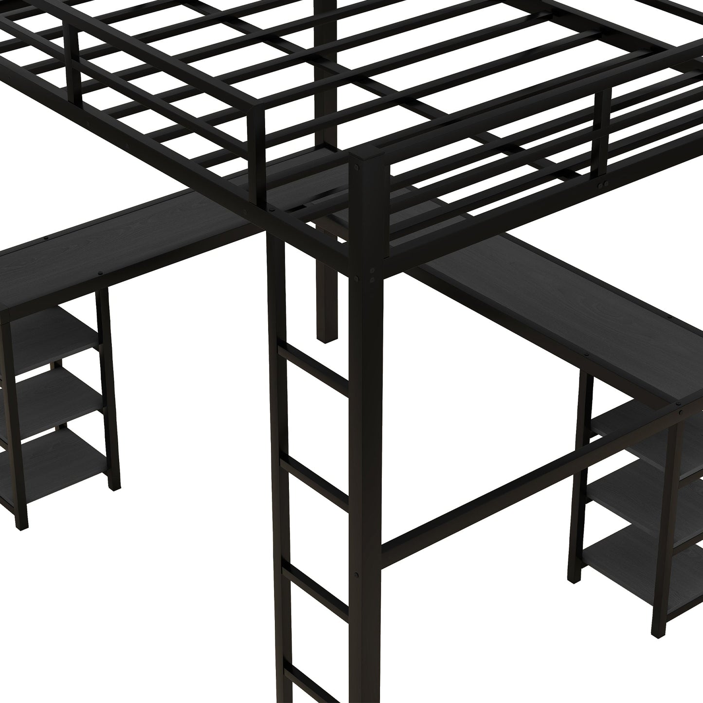 Cama loft de metal negro premium con escritorio y estantes