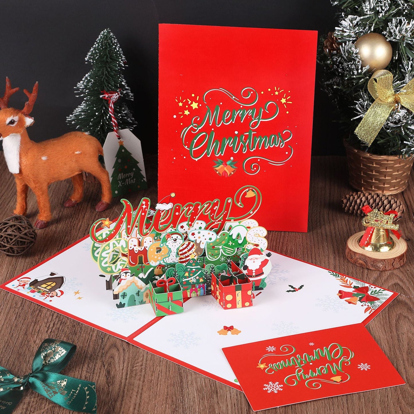 Carte de vœux de Noël 3D avec design de pingouin et d'arbre