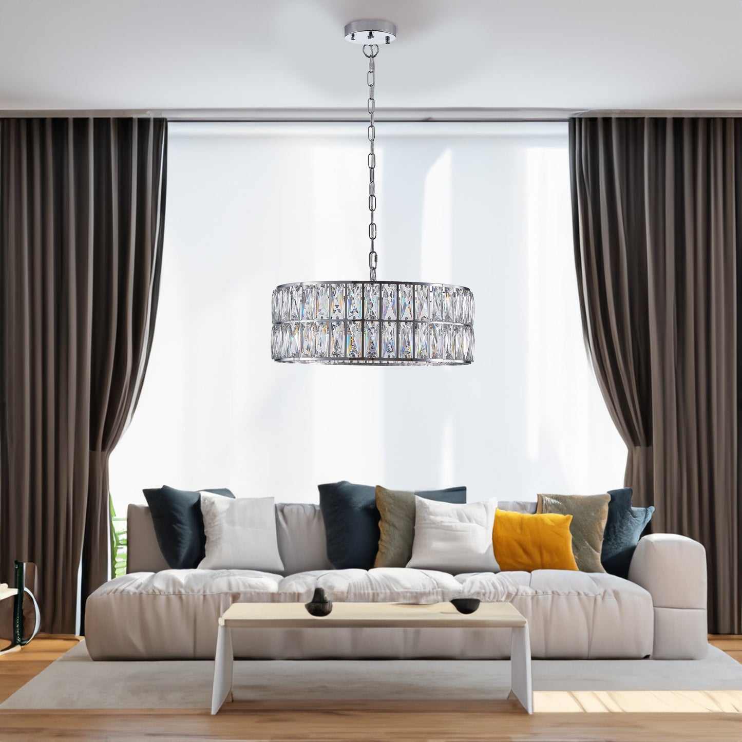 Modern crystal drum pendant light, 6-light pendant light, with silver metal frame (excluding light bulb) - Korvel