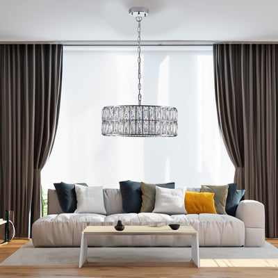 Modern crystal drum pendant light, 6-light pendant light, with silver metal frame (excluding light bulb) - Korvel
