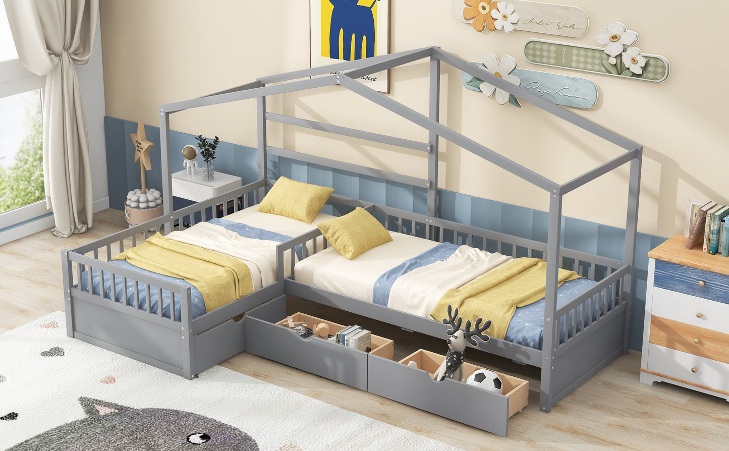 Twin Size House Platform Bed with Three Storage Drawers Gray - Korvel