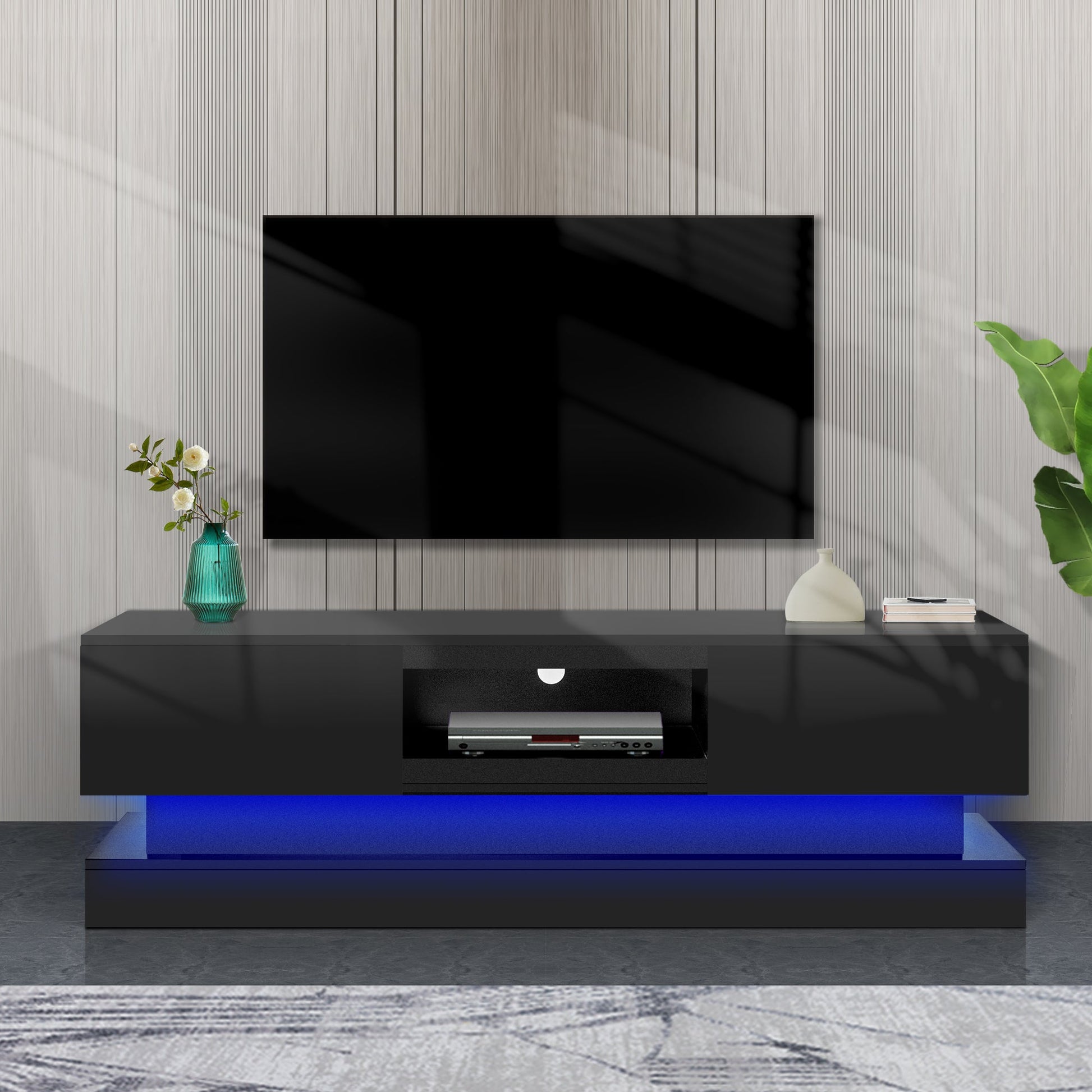 51.18inch Black morden TV Stand with LED Lights high glossy front TV Cabinet color:BLACK - Korvel